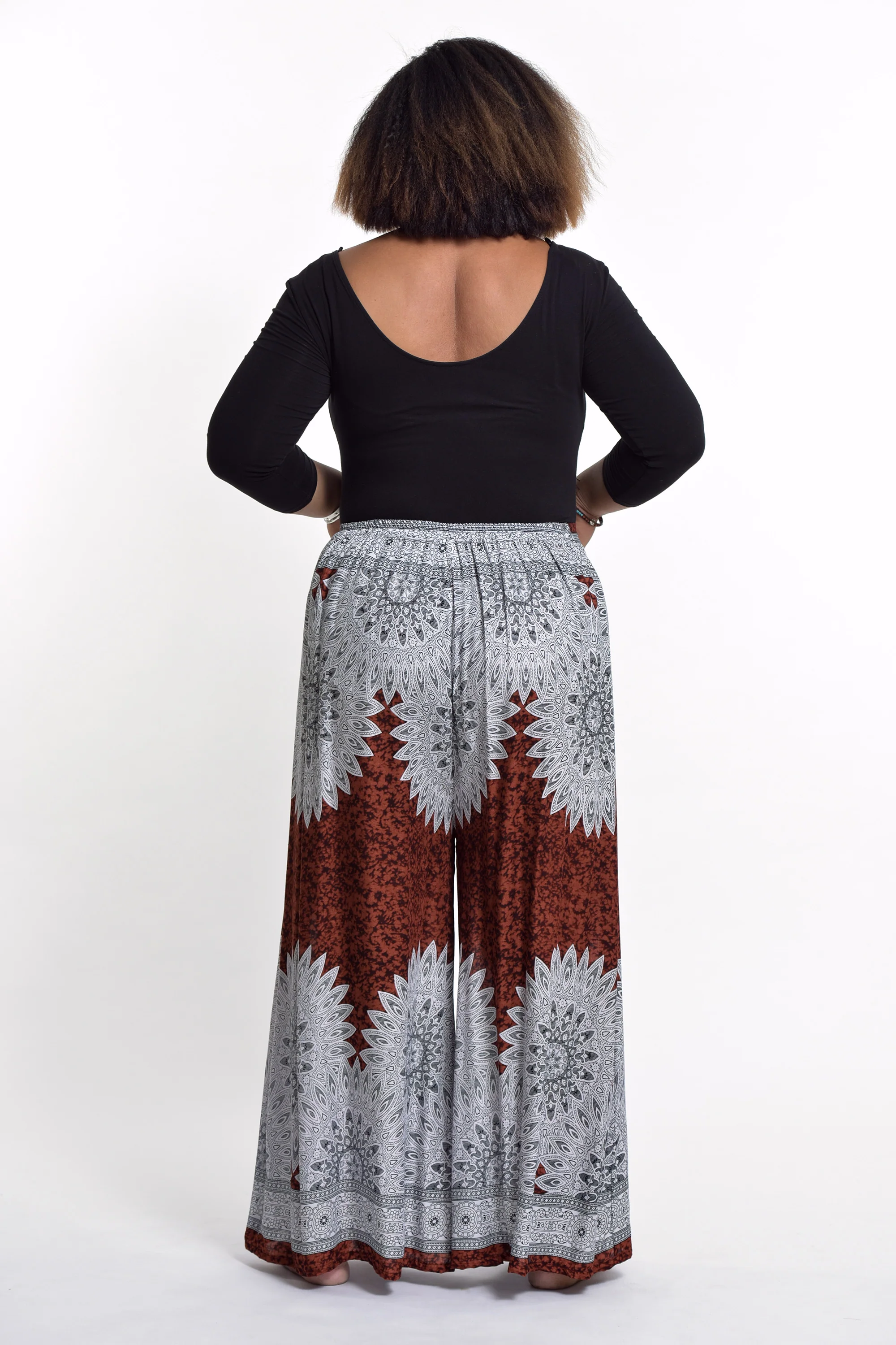 Plus Size Marble Mandalas Palazzo Style Harem Pants in Brown - Image 4