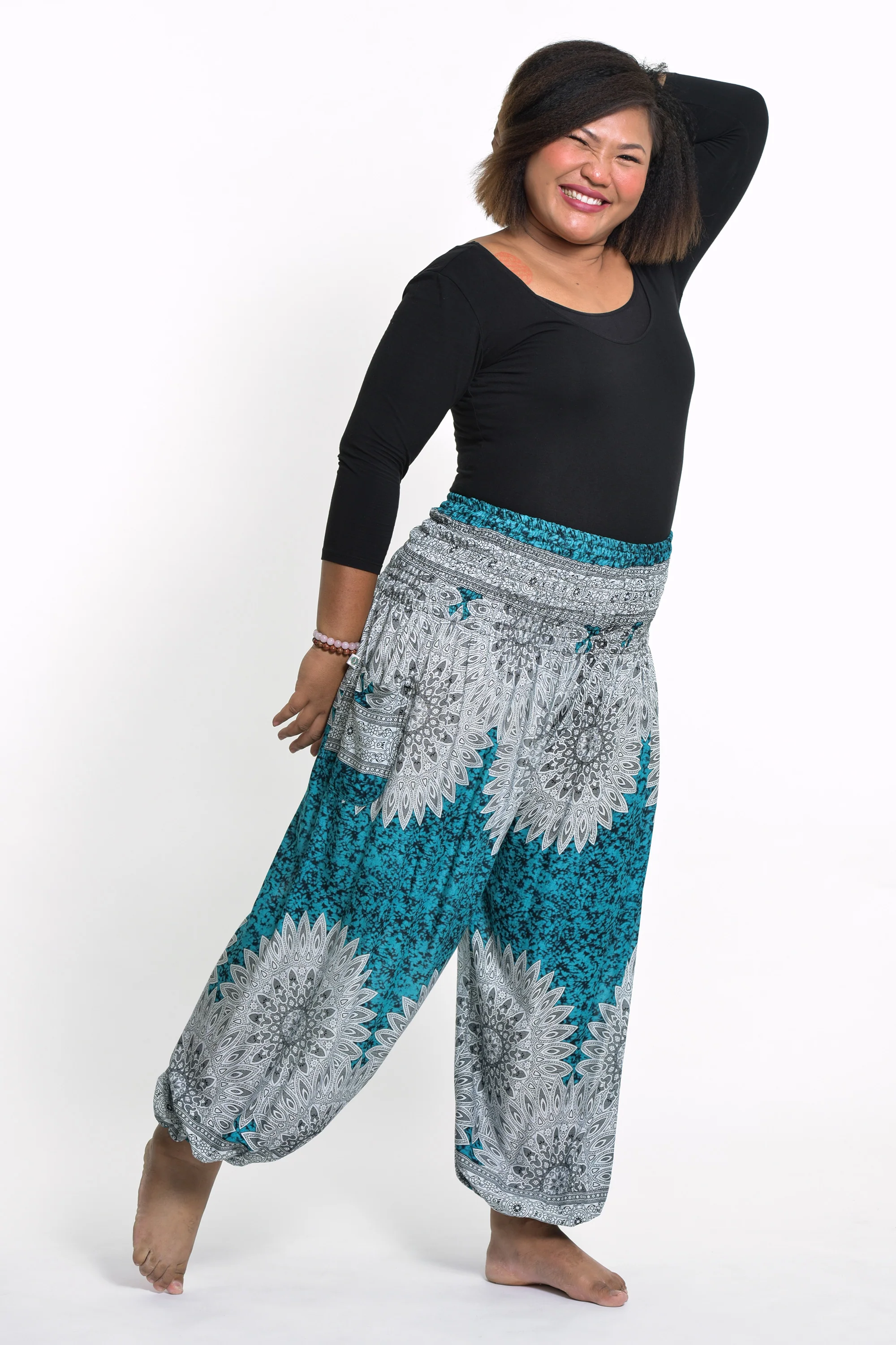 Plus Size Marble Mandalas Women's Harem Pants in Turquoise - Image 3