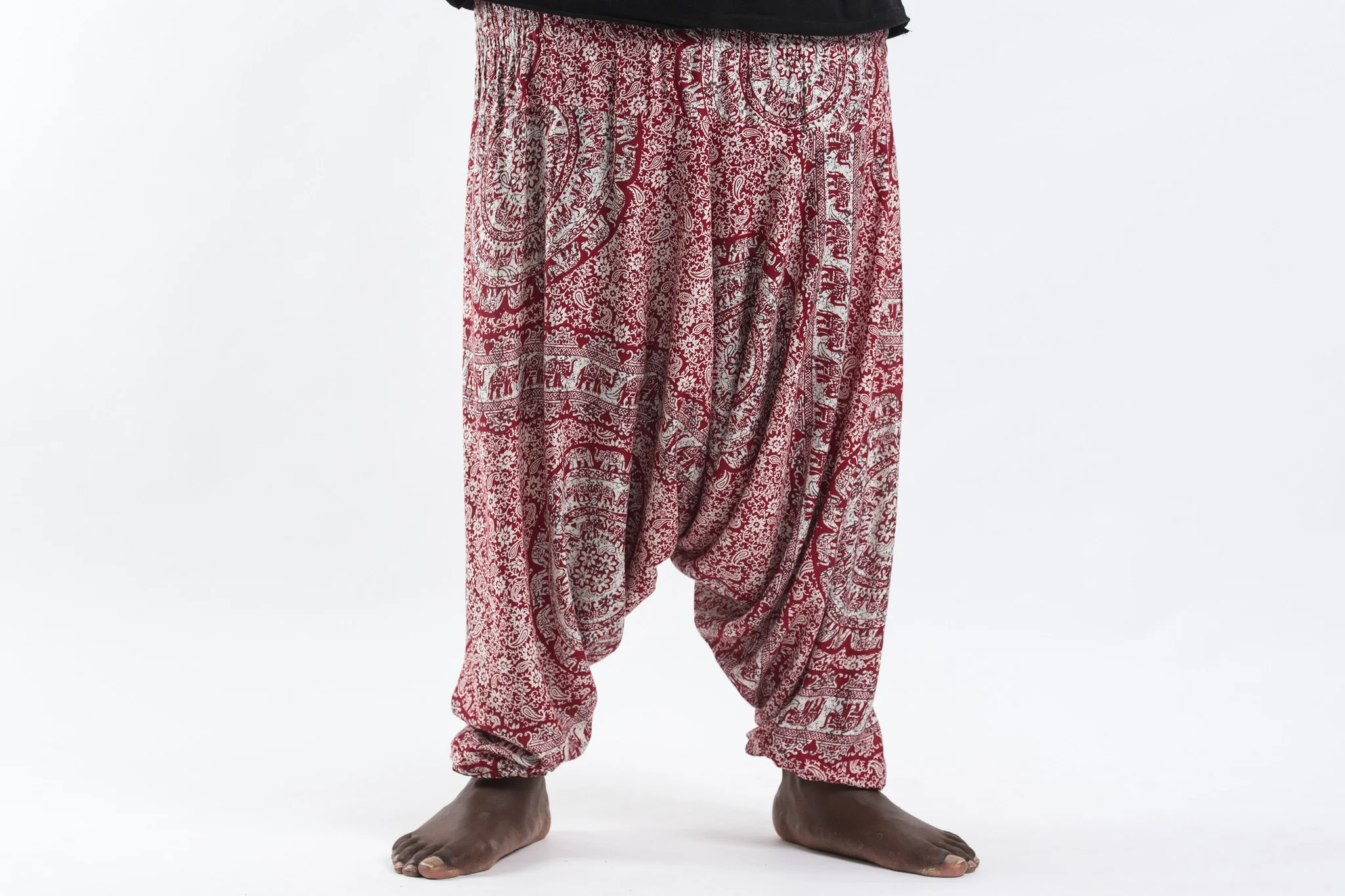 Plus Size Paisley Elephant Drop Crotch Men's Elephant Pants in Red - Image 2