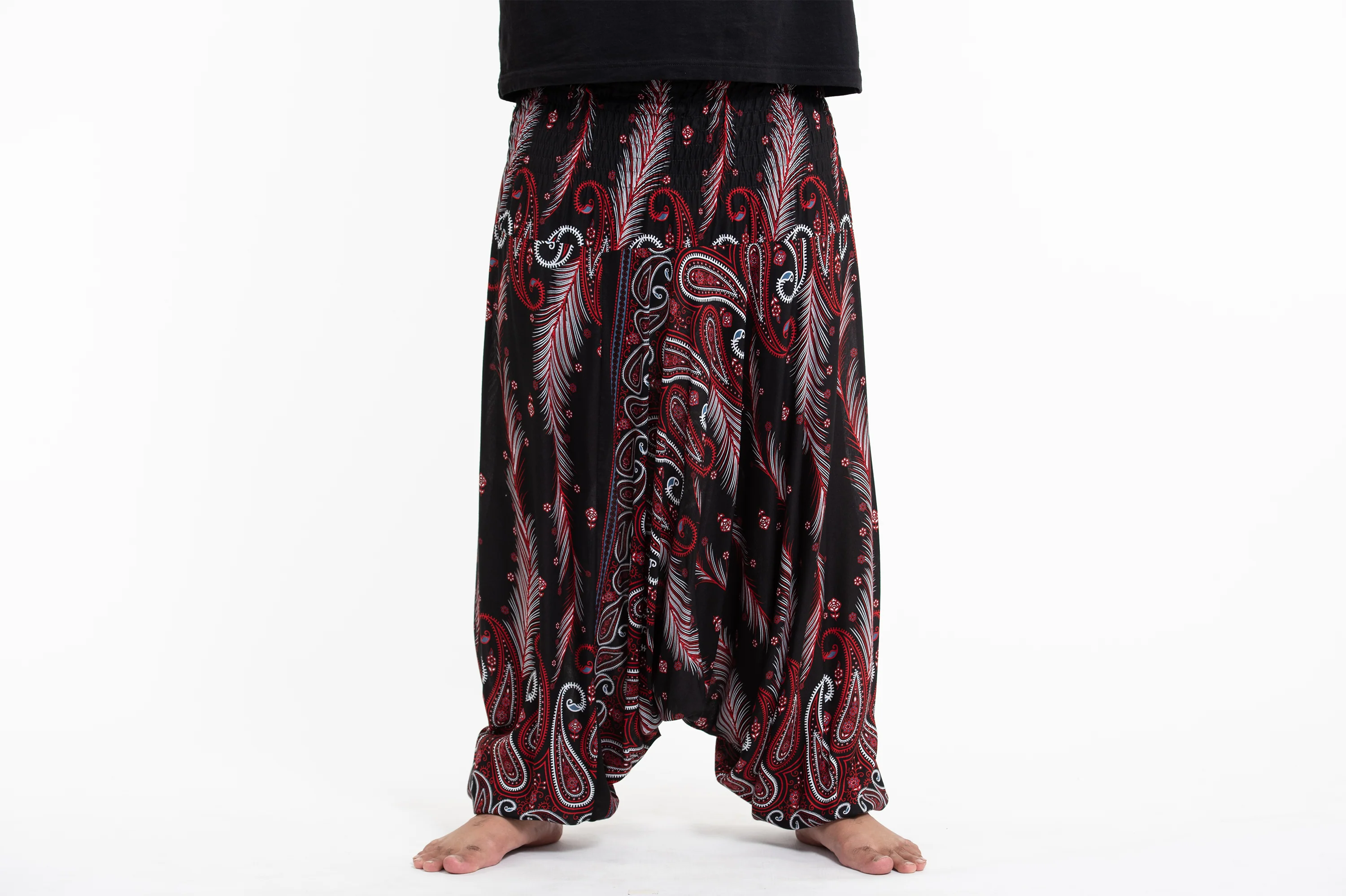 Plus Size Paisley Feathers Drop Crotch Men's Harem Pants in Black - Image 2