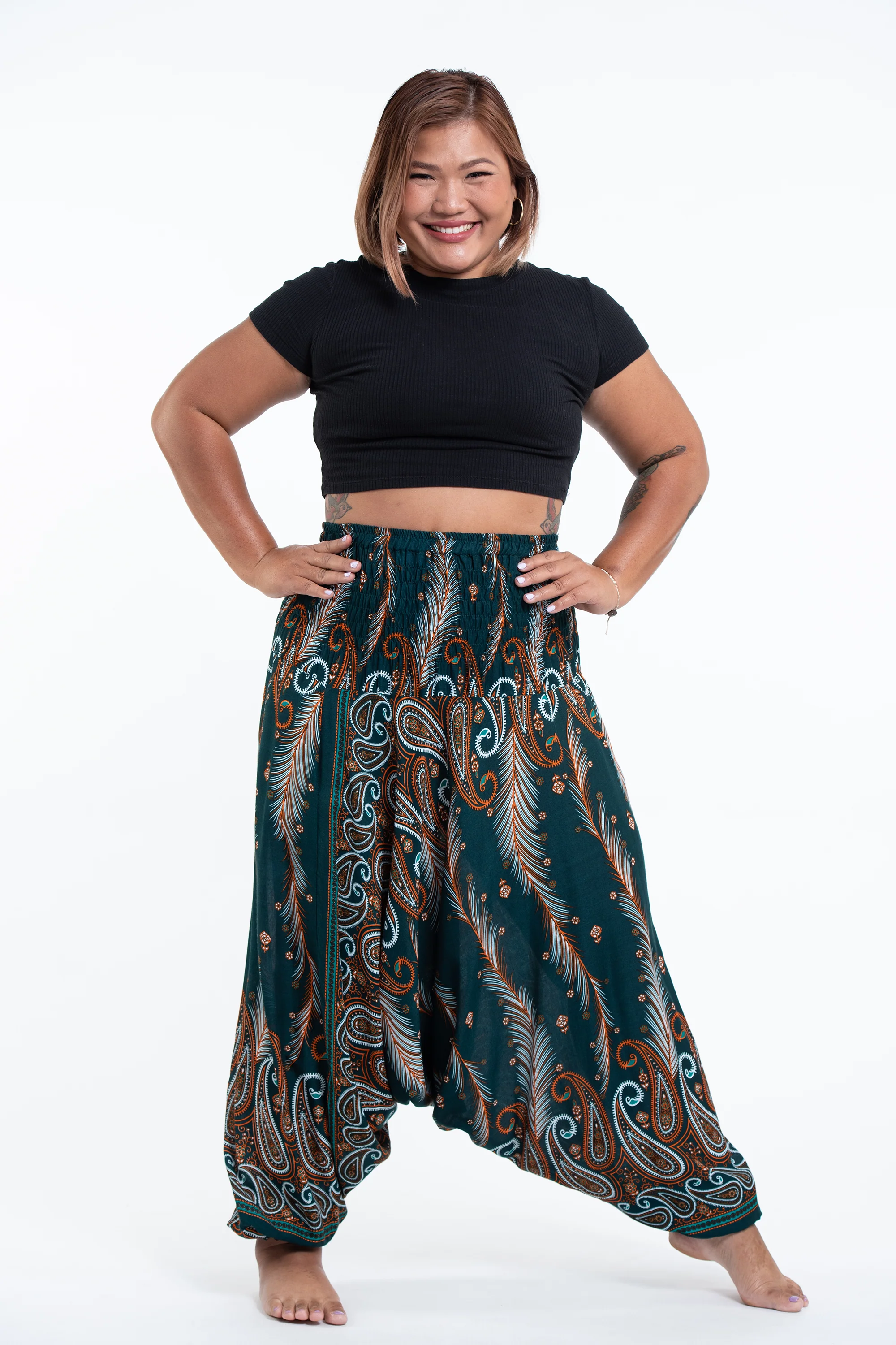 Plus Size Paisley Feathers 2-in-1 Jumpsuit Harem Pants in Green - Image 3