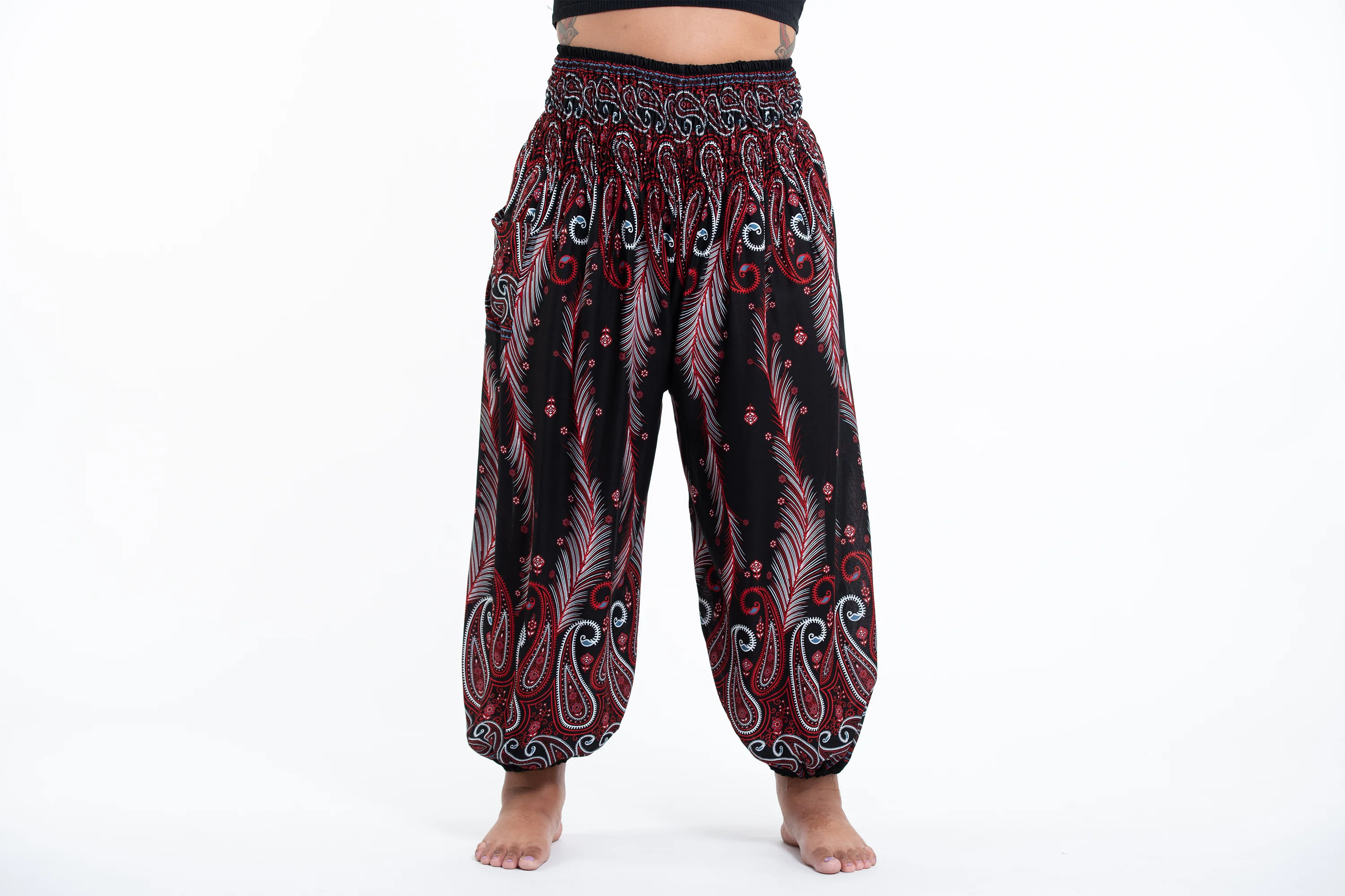 Plus Size Paisley Feathers Women's Harem Pants in Black - Image 2