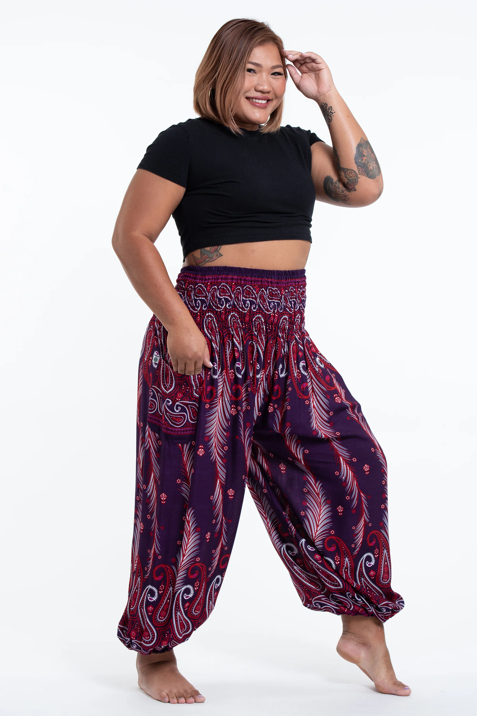 Plus Size Paisley Feathers Women's Harem Pants in Purple - Image 3
