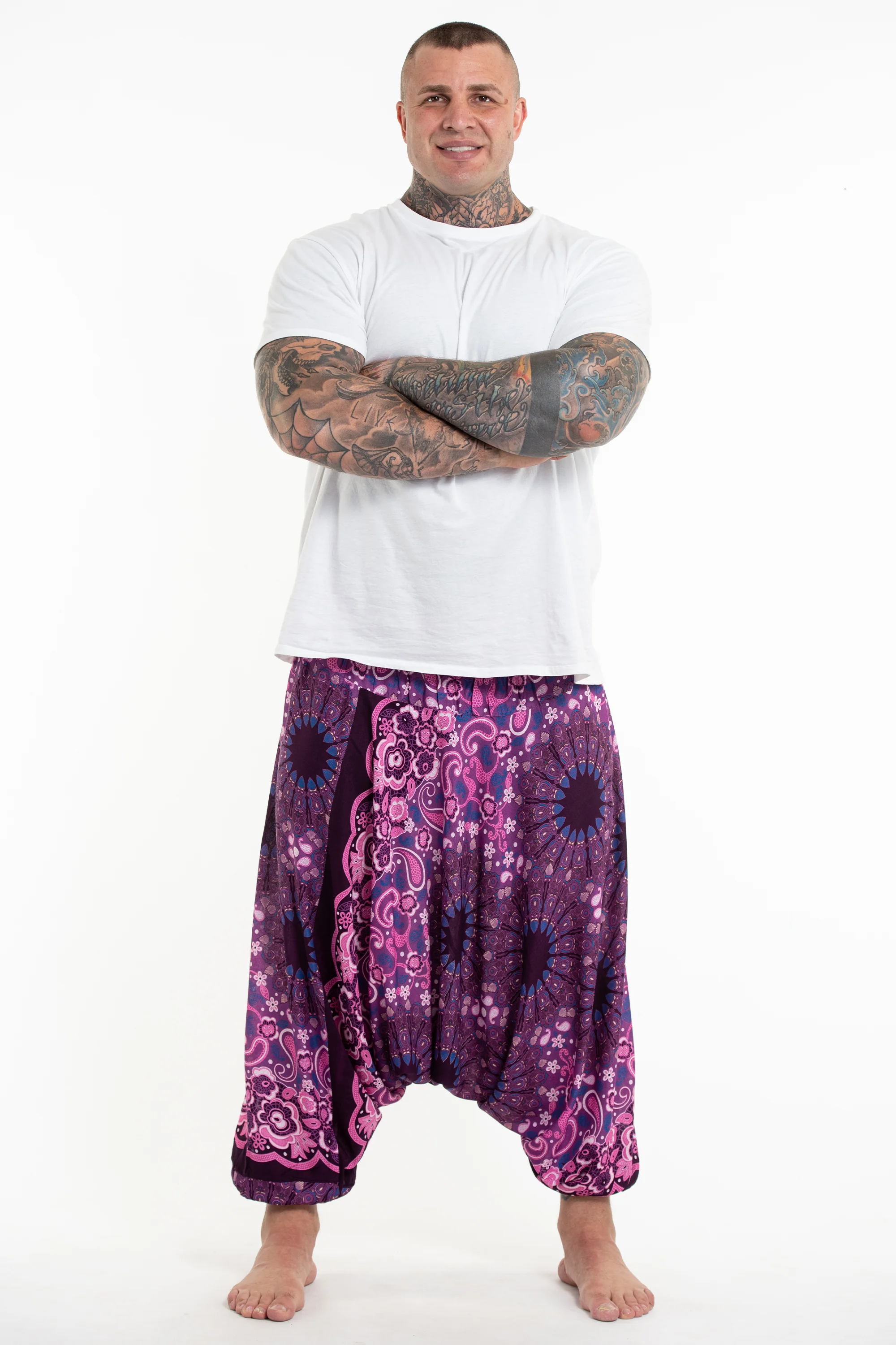 Plus Size Paisley Mandalas Drop Crotch Men's Harem Pants in Purple - Image 4