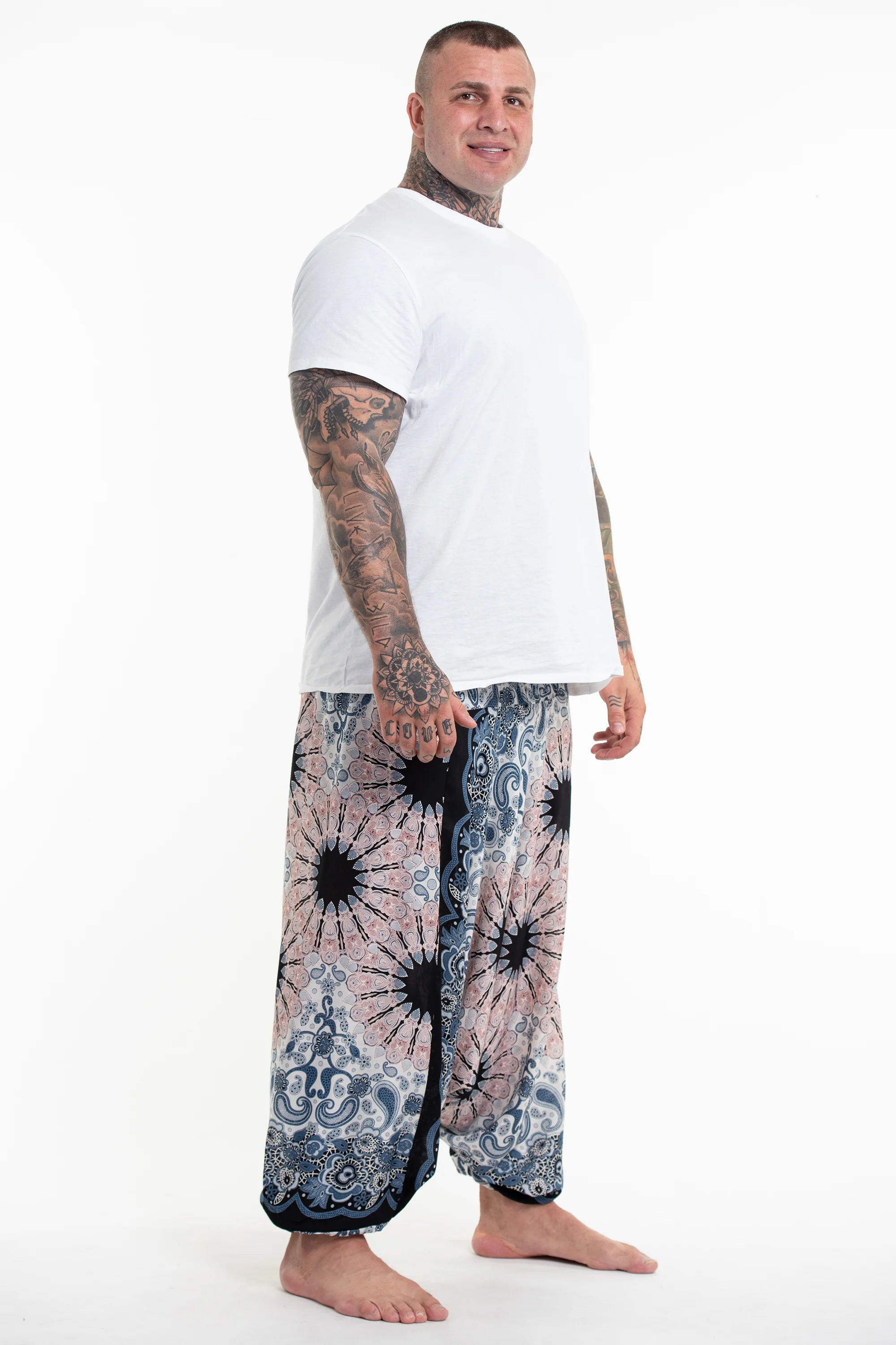 Plus Size Paisley Mandalas Drop Crotch Men's Harem Pants in Silver Gray - Image 3
