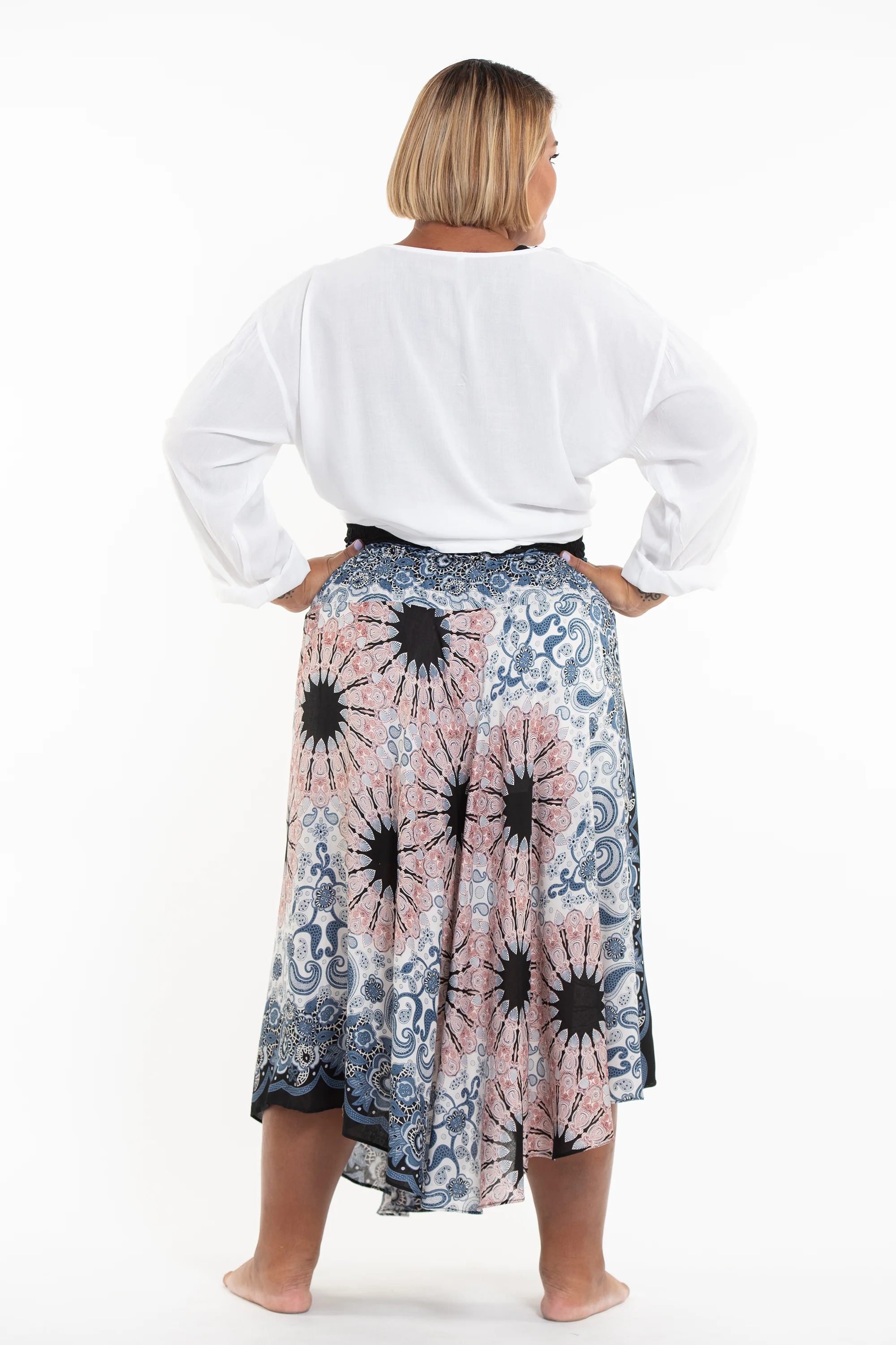 Plus Size Paisley Mandalas Handkerchief Midi Skirt in Silver Gray - Image 4