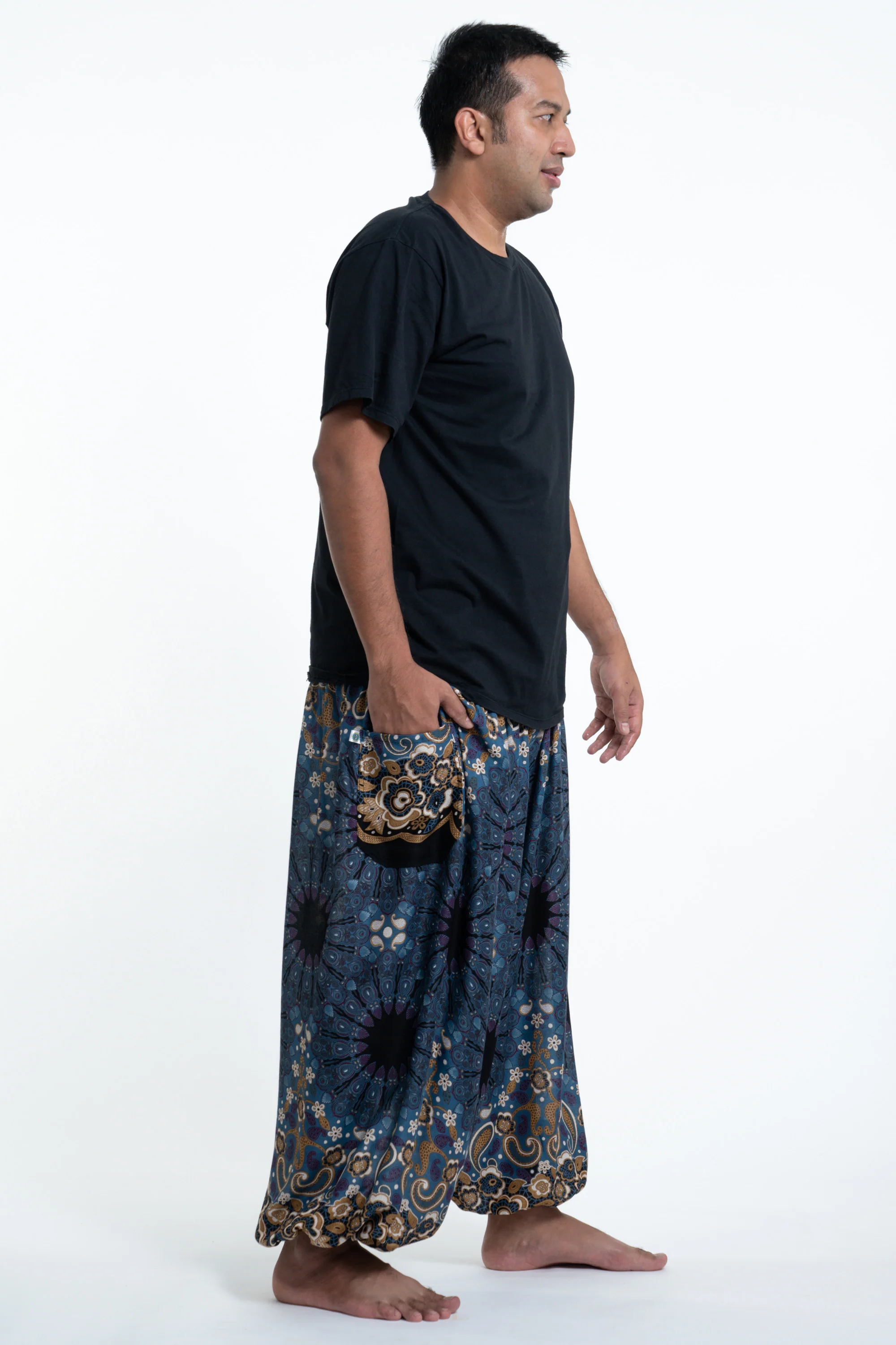 Plus Size Paisley Mandalas Men's Harem Pants in Blue Gray - Image 3