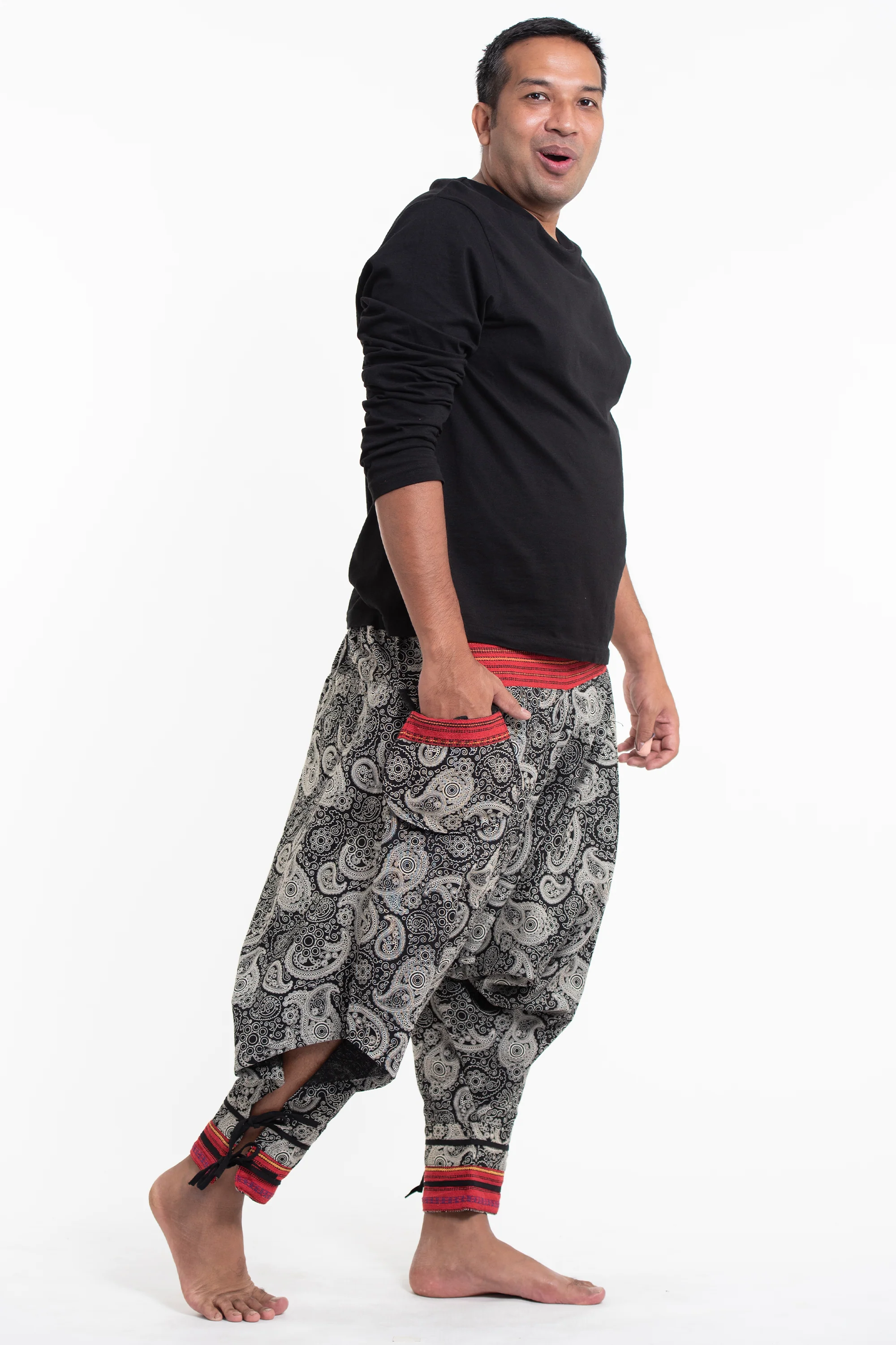 Plus Size Paisley Thai Hill Tribe Fabric Men's Harem Pants with Ankle Straps - Image 3