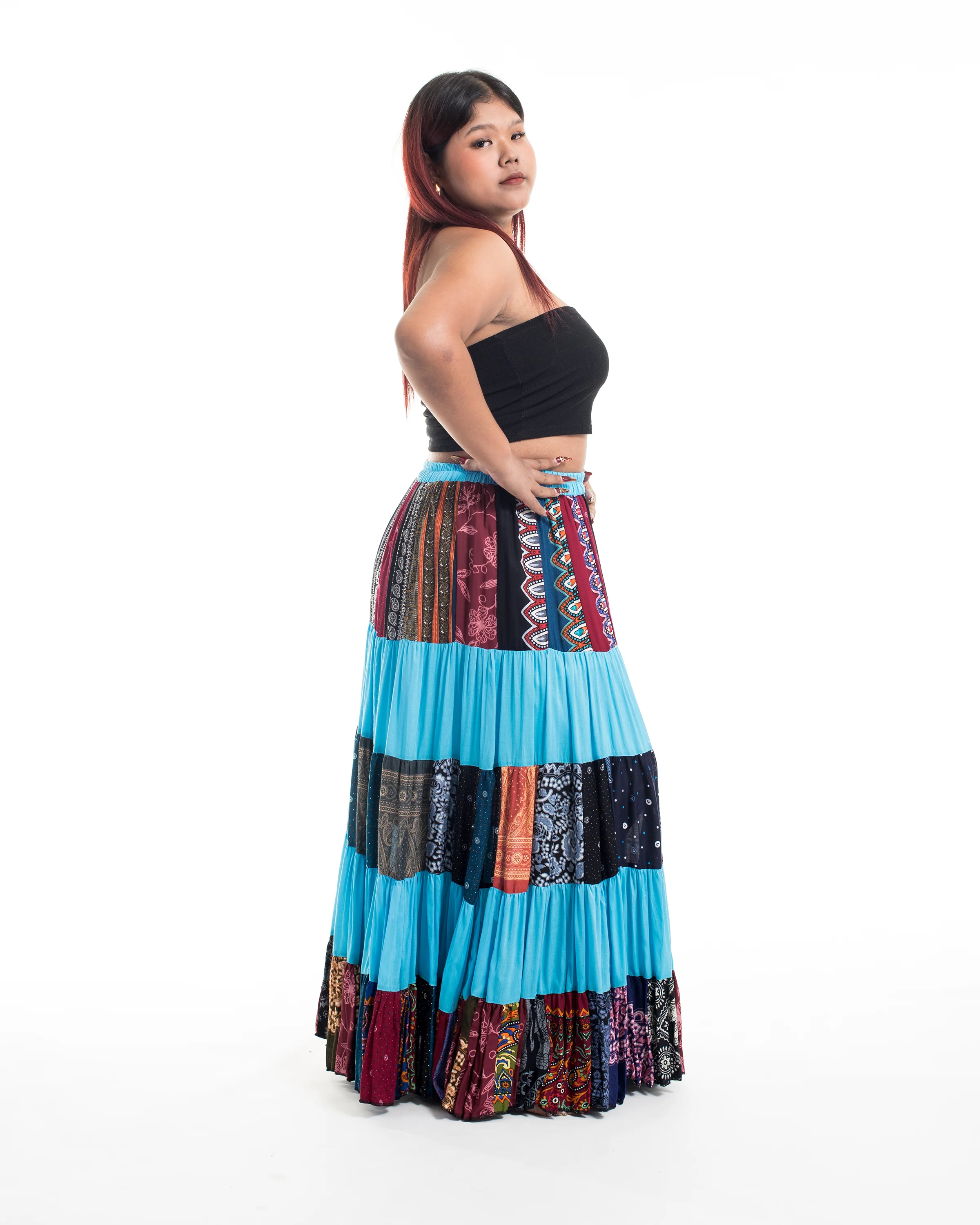 Plus Size Patchwork Long Skirt in Blue - Image 3
