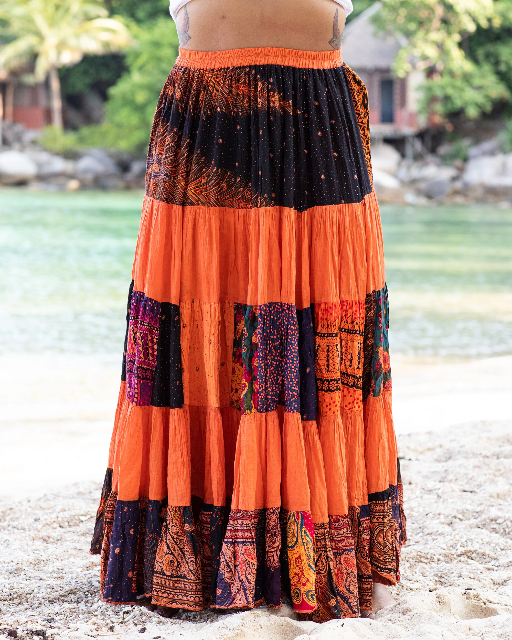Plus Size Patchwork Long Skirt in Bright Orange - Image 2