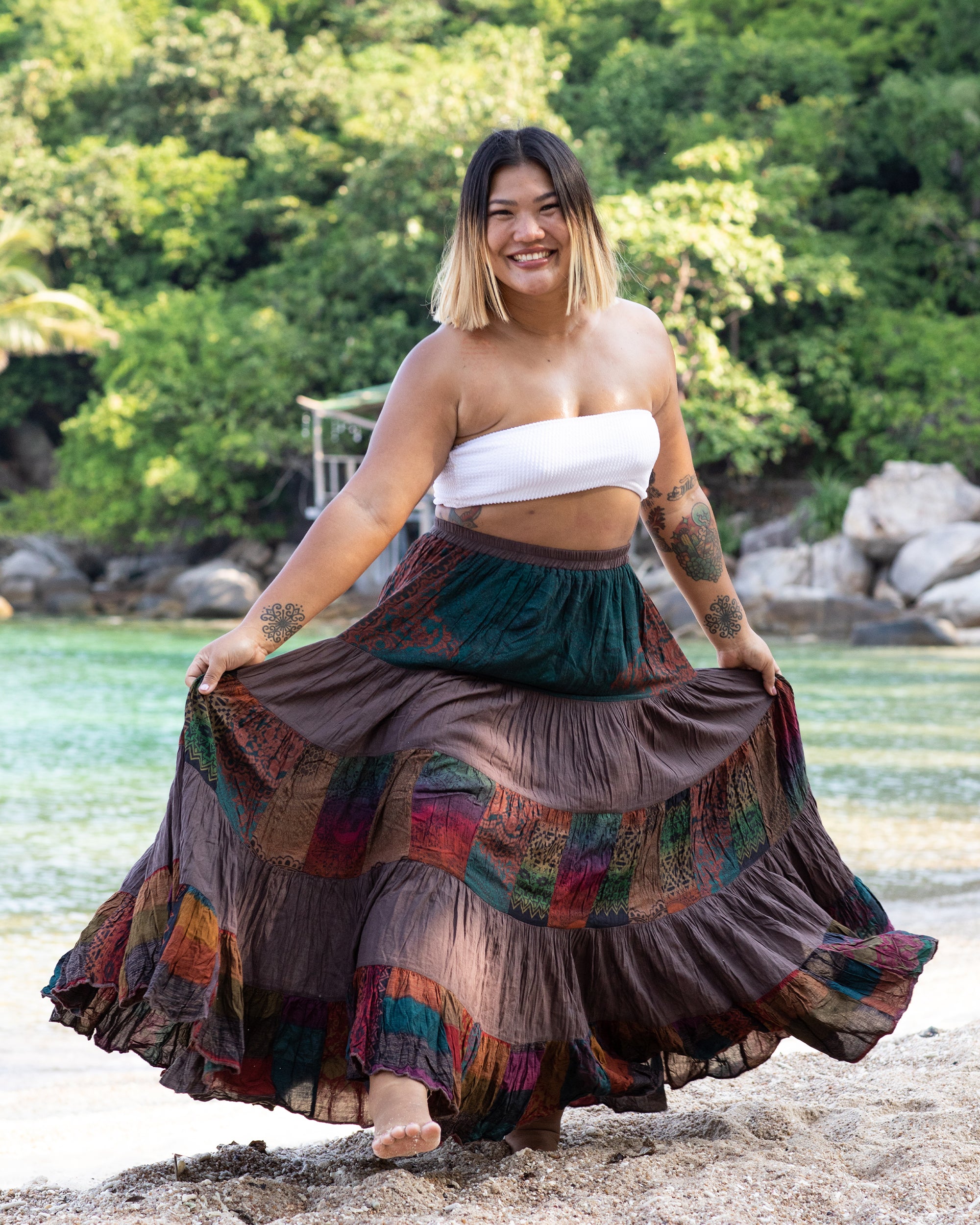 Plus Size Patchwork Long Skirt in Brown - Image 3
