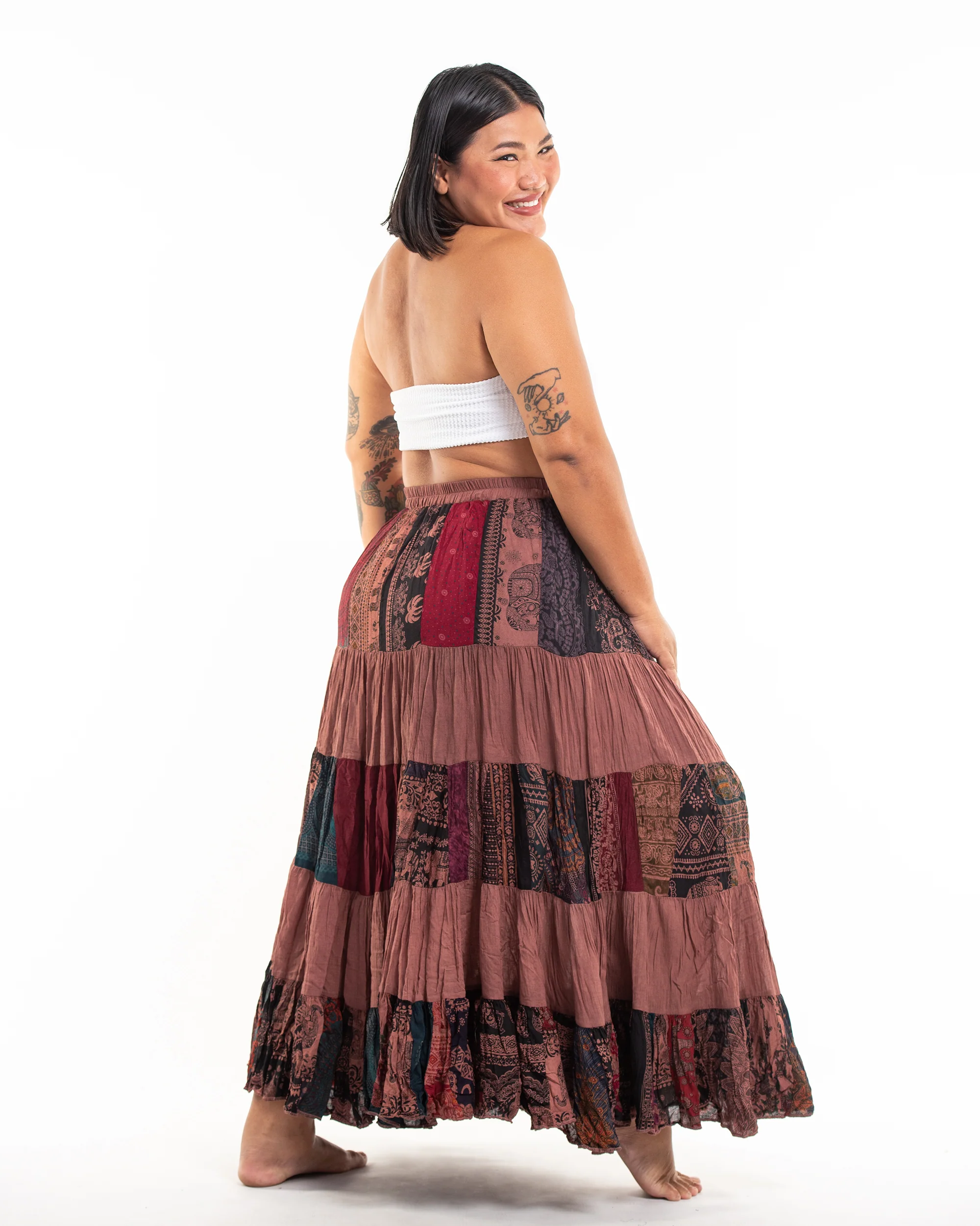 Plus Size Patchwork Long Skirt in Light Brown - Image 3