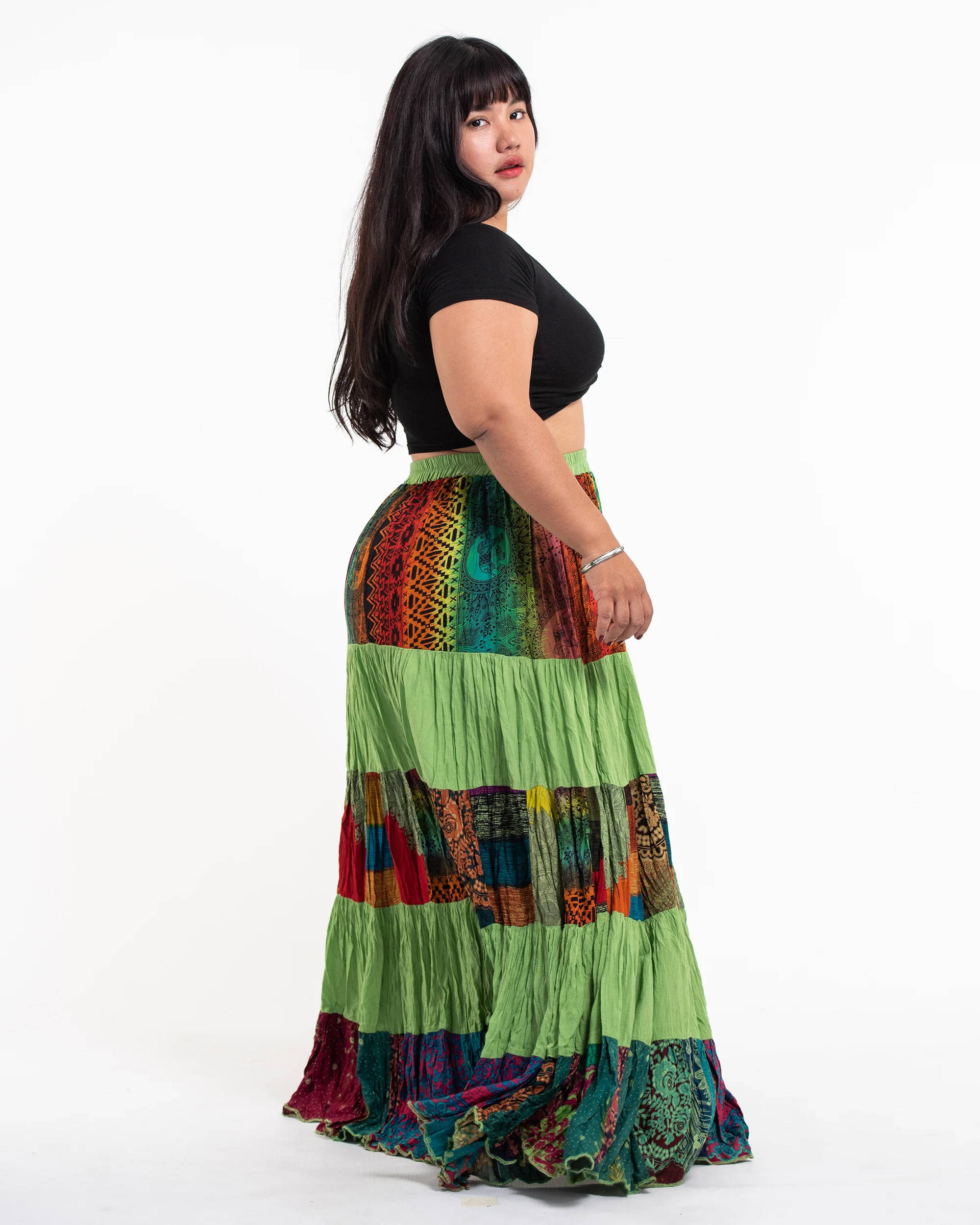 Plus Size Patchwork Long Skirt in Light Green - Image 3