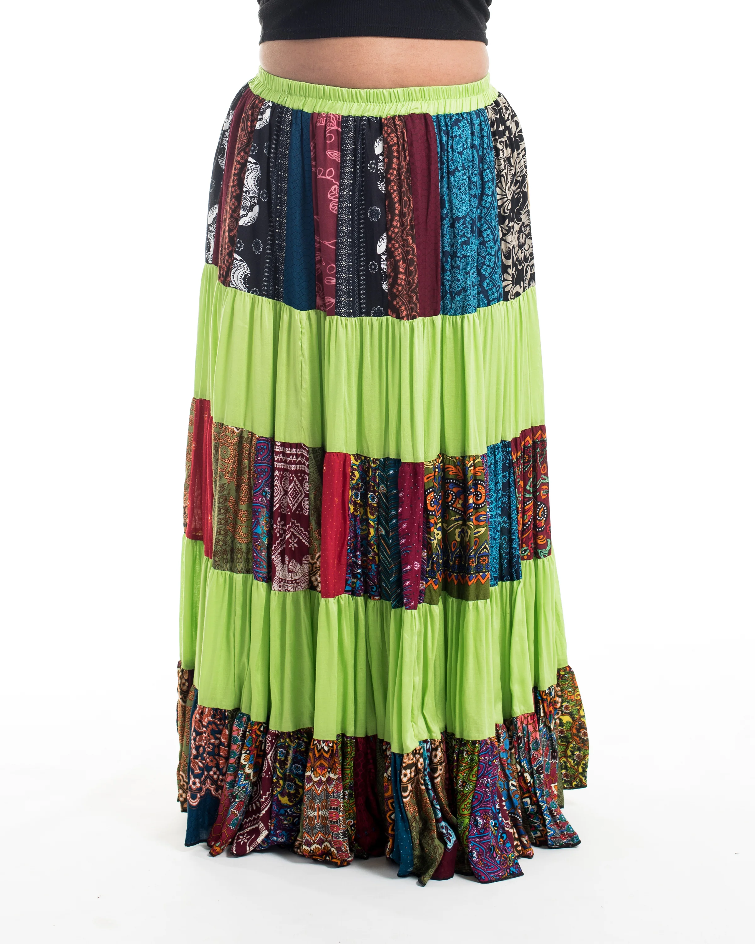 Plus Size Patchwork Long Skirt in Lime Green - Image 2