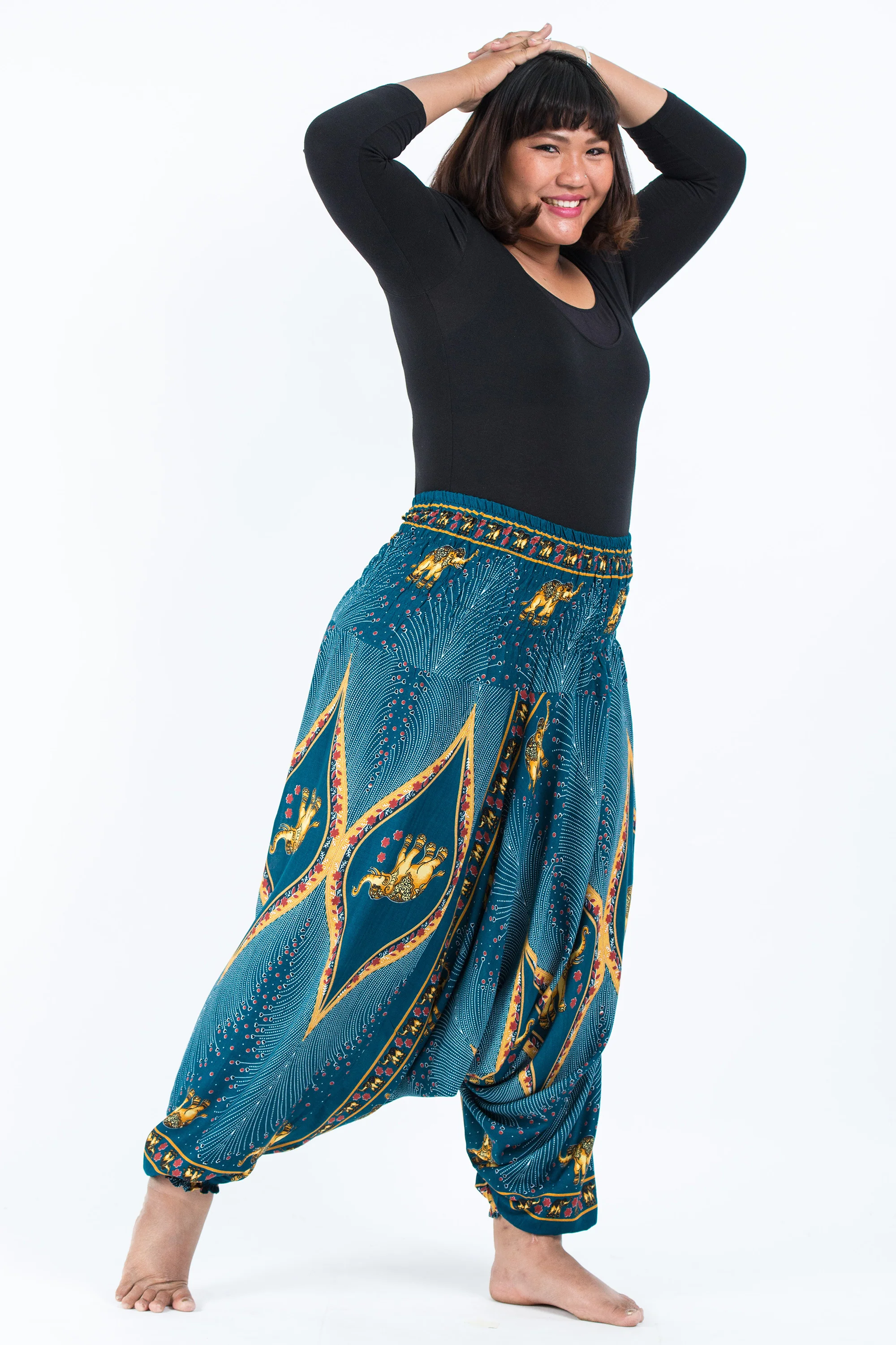 Plus Size Peacock Elephant 2-in-1 Jumpsuit Elephant Pants in Turquoise - Image 3