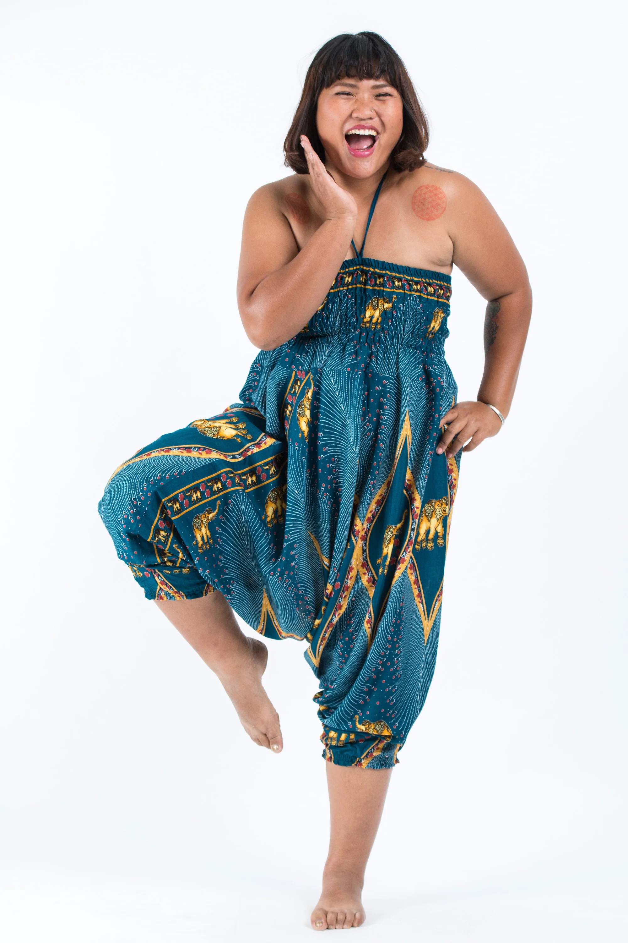 Plus Size Peacock Elephant 2-in-1 Jumpsuit Elephant Pants in Turquoise - Image 6