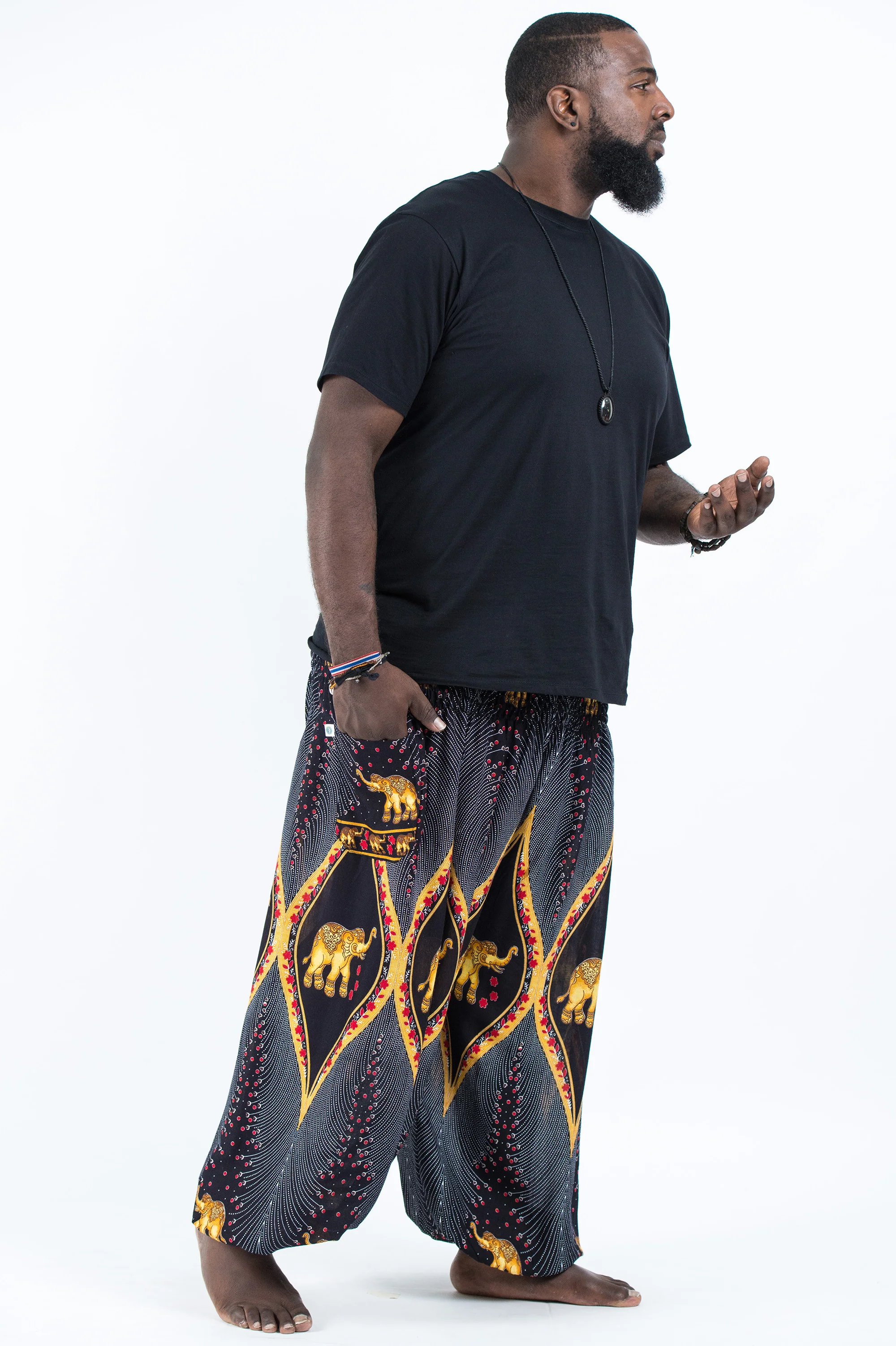 Plus Size Peacock Elephant Men's Elephant Pants in Black - Image 3
