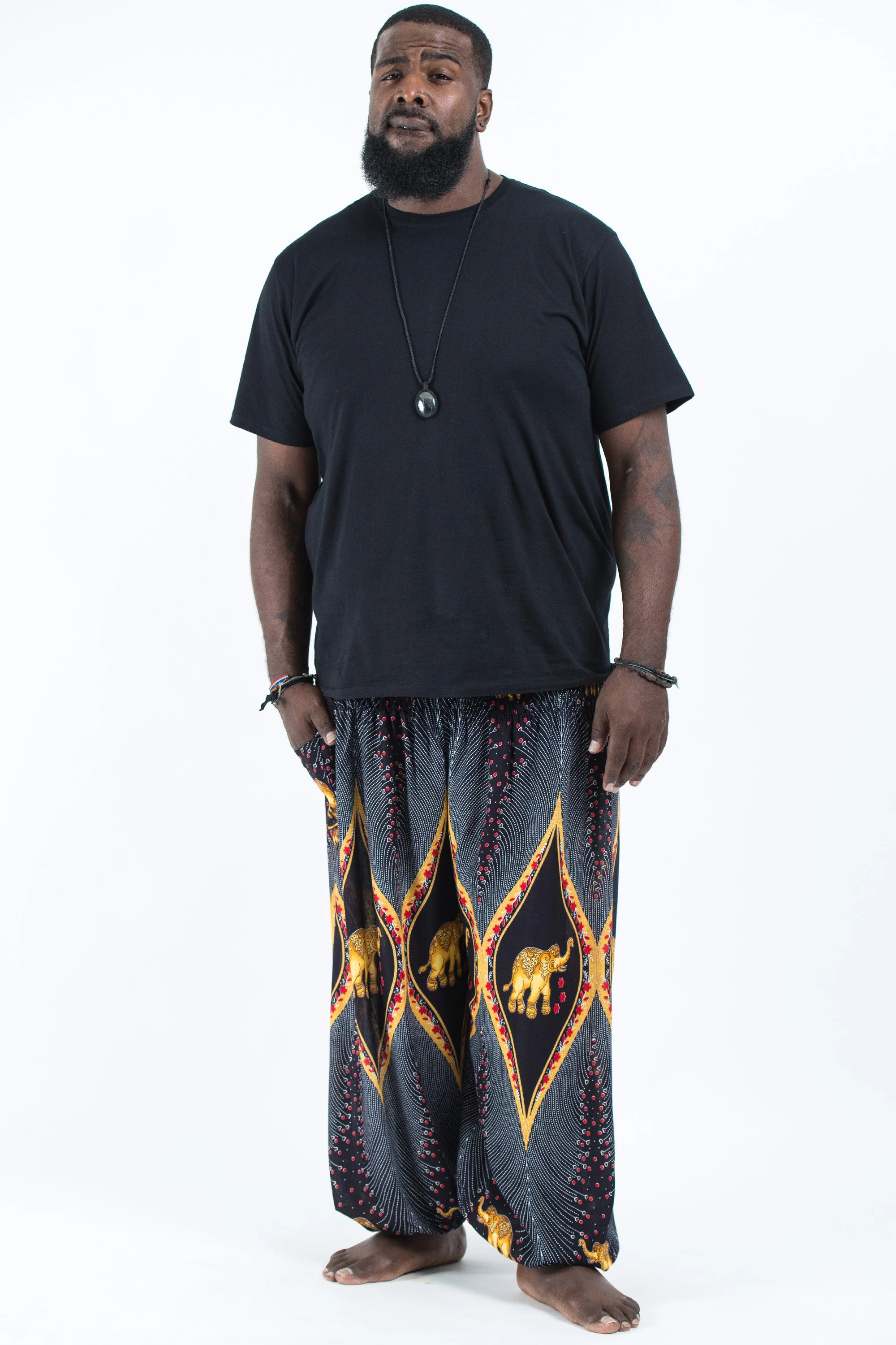 Plus Size Peacock Elephant Men's Elephant Pants in Black - Image 4