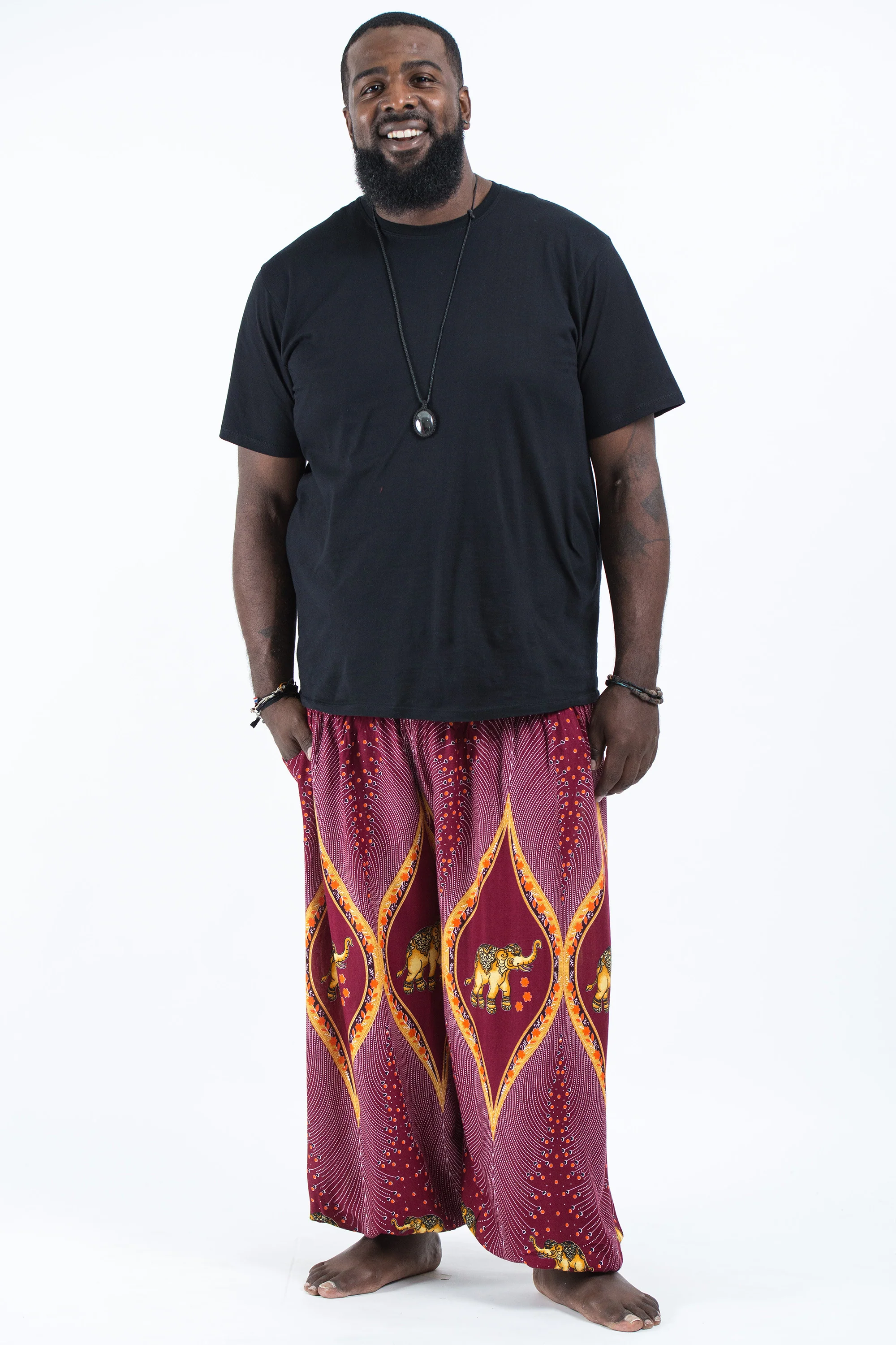 Plus Size Peacock Elephant Men's Elephant Pants in Red - Image 4