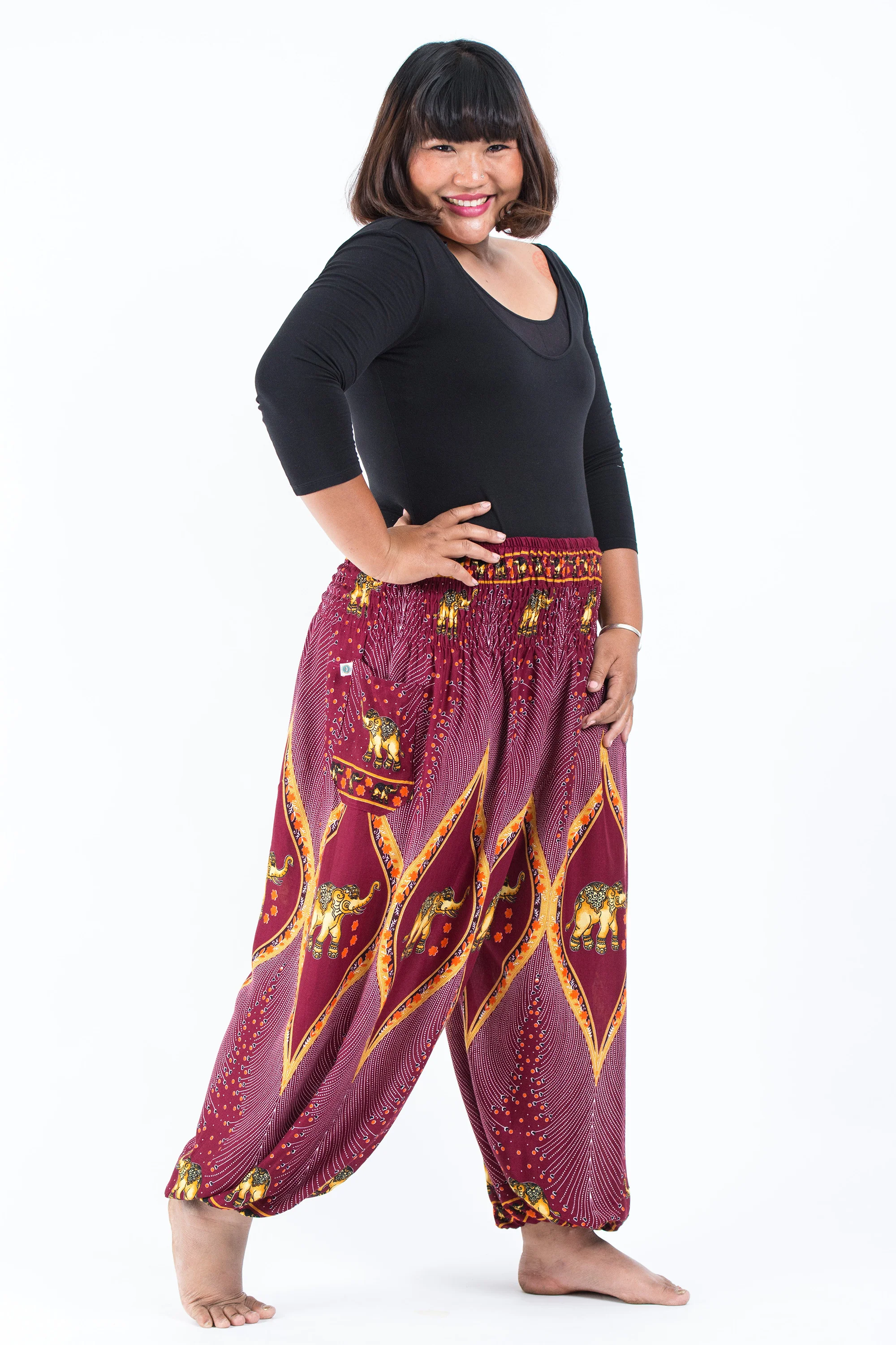 Plus Size Peacock Elephant Women's Elephant Pants in Red - Image 3