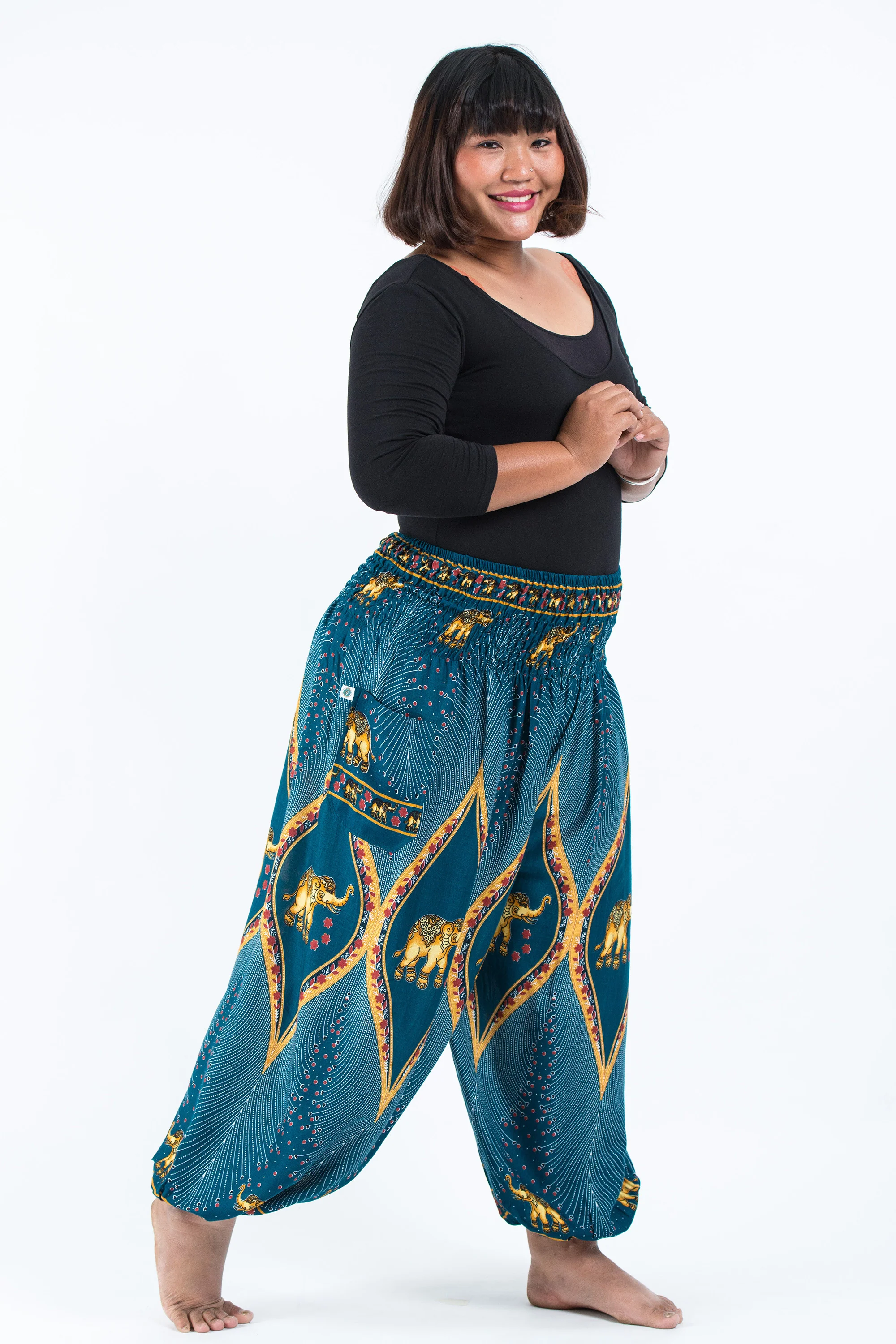 Plus Size Peacock Elephant Women's Elephant Pants in Turquoise - Image 3