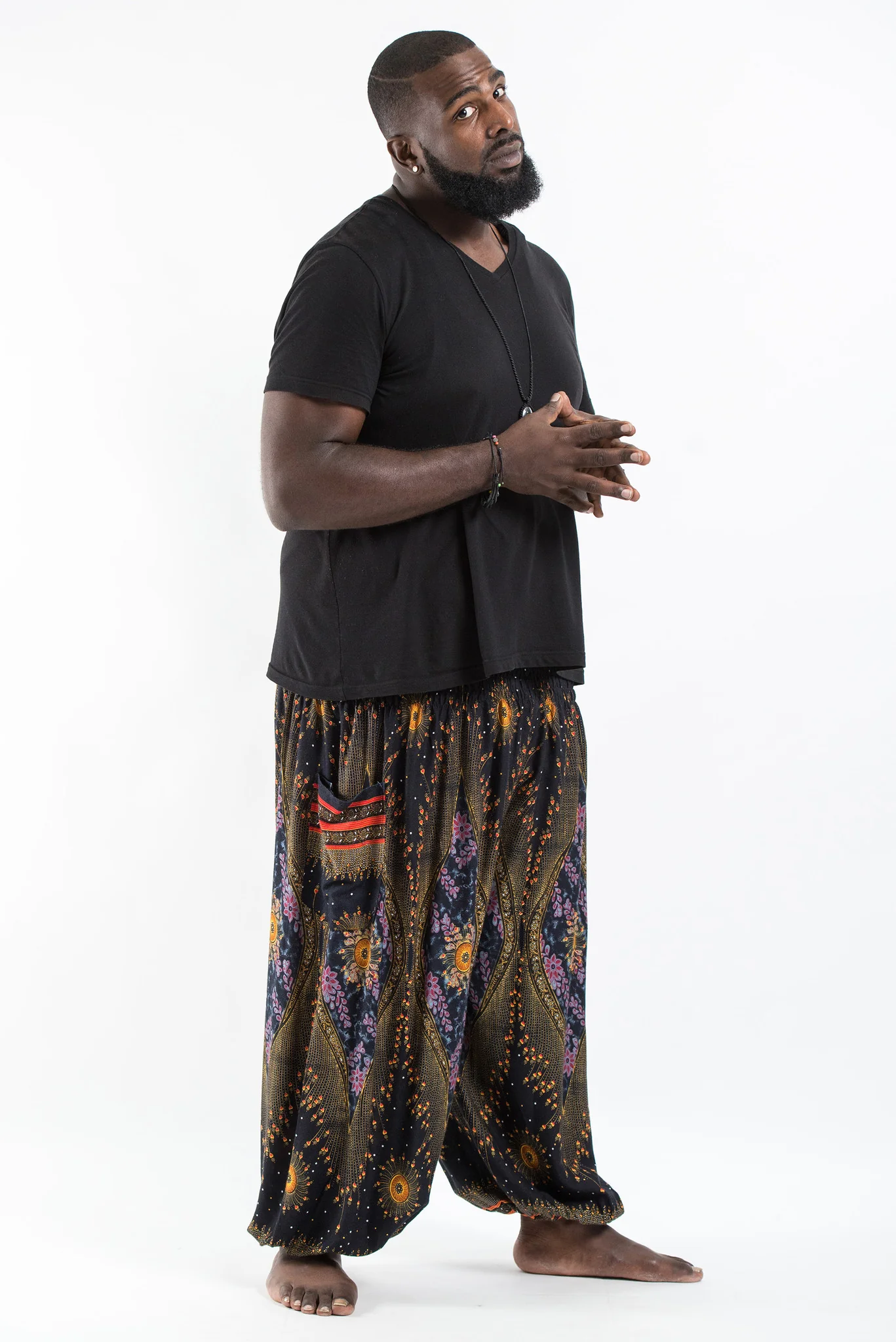 Plus Size Peacock Eye Men's Harem Pants in Black - Image 3
