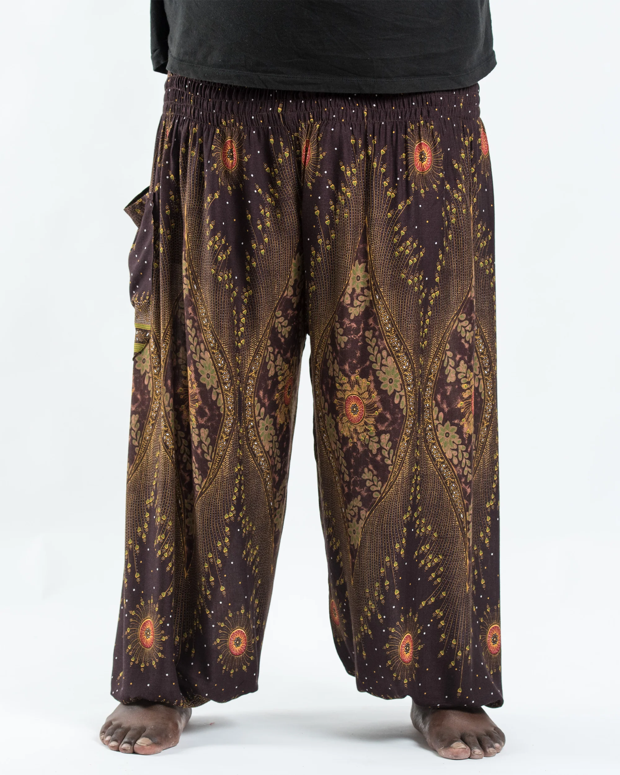 Plus Size Peacock Eye Men's Harem Pants in Brown - Image 2