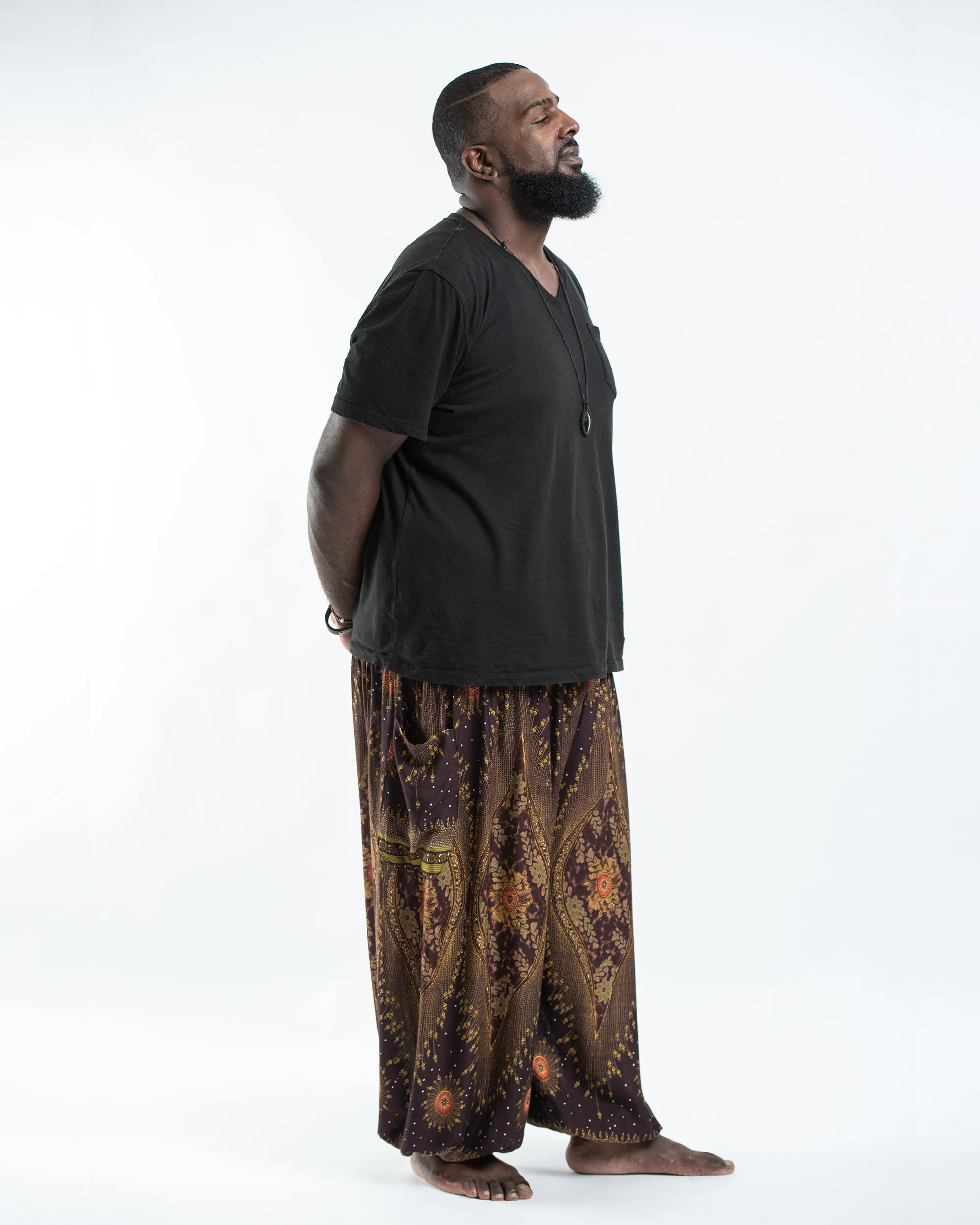 Plus Size Peacock Eye Men's Harem Pants in Brown - Image 3