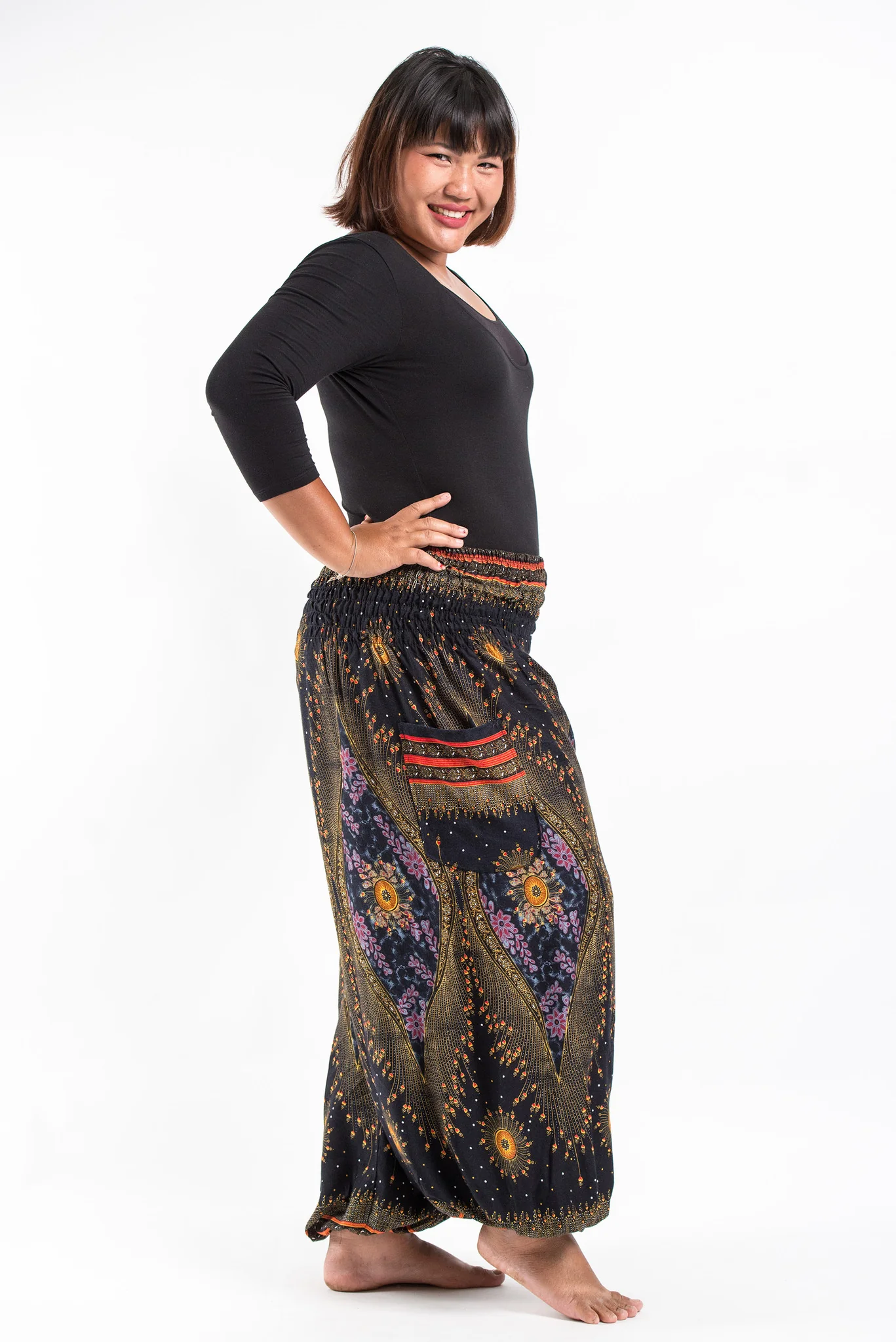 Plus Size Peacock Eye Women's Harem Pants in Black - Image 3