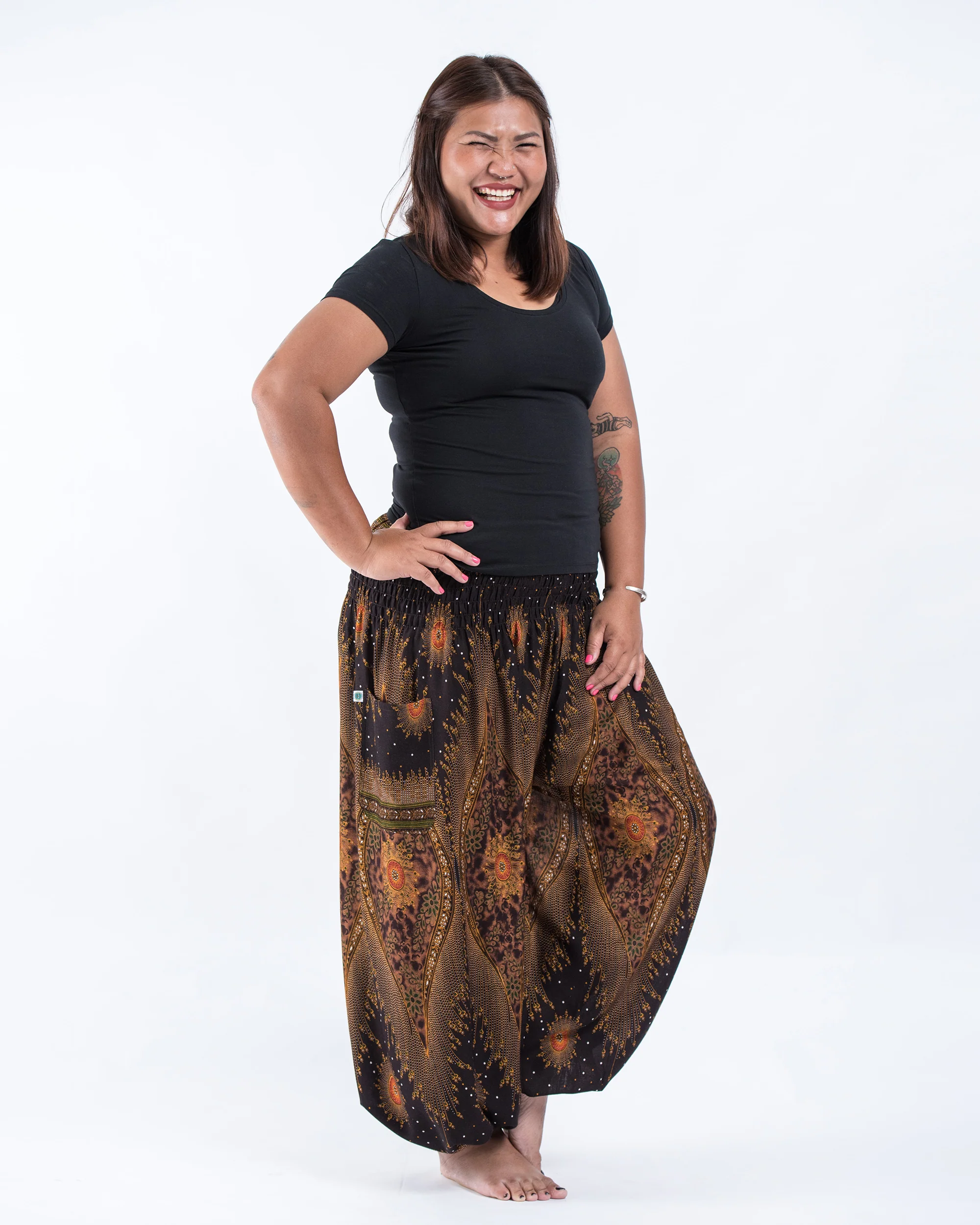 Plus Size Peacock Eye Women's Harem Pants in Brown - Image 3