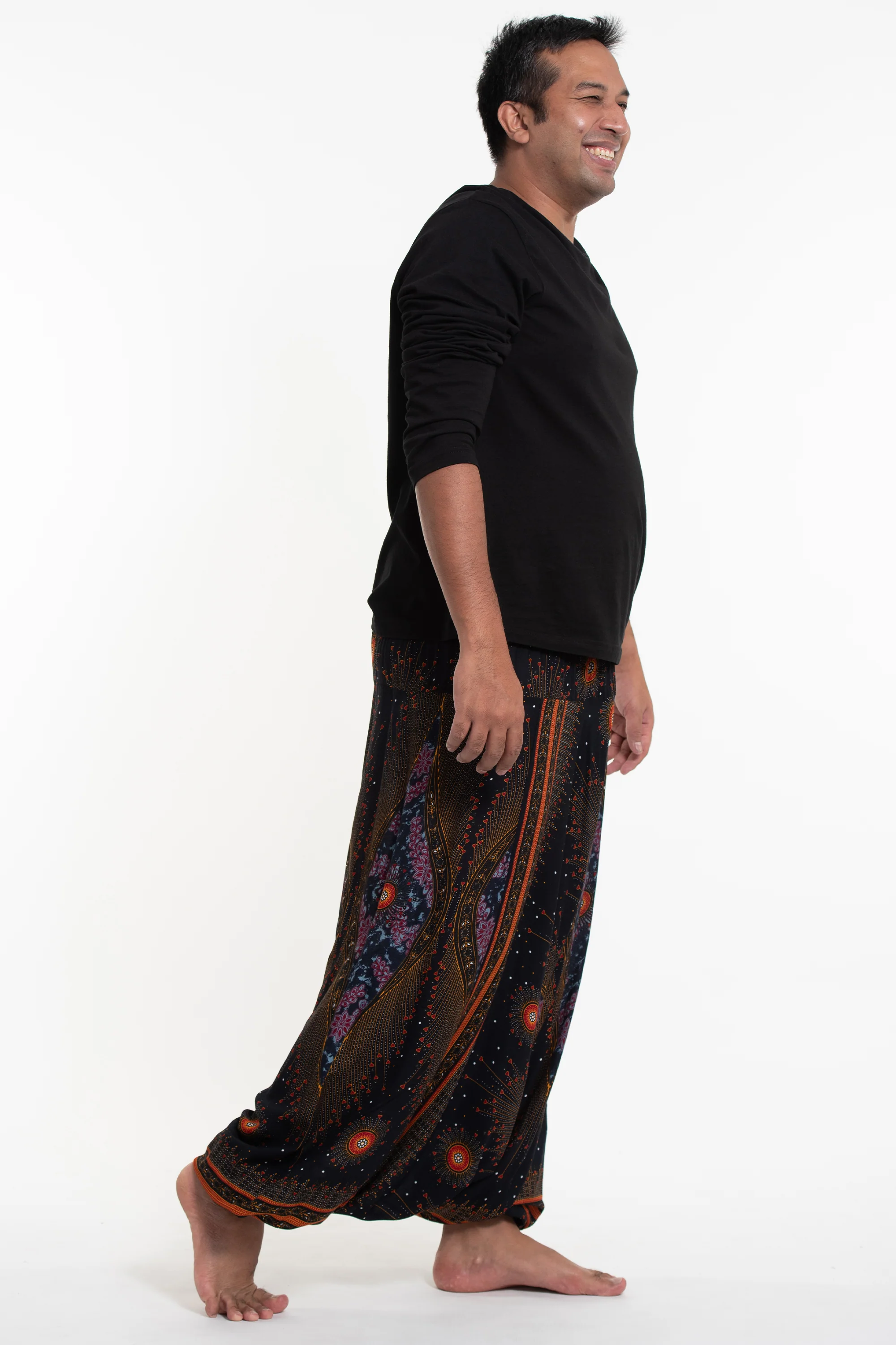 Plus Size Peacock Eyes Drop Crotch Men's Harem Pants in Black - Image 3