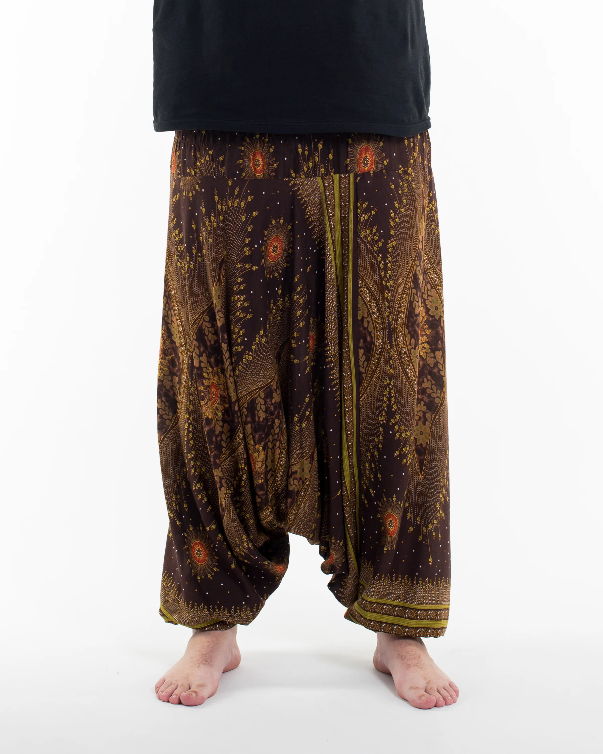 Plus Size Peacock Eyes Drop Crotch Men's Harem Pants in Brown - Image 2