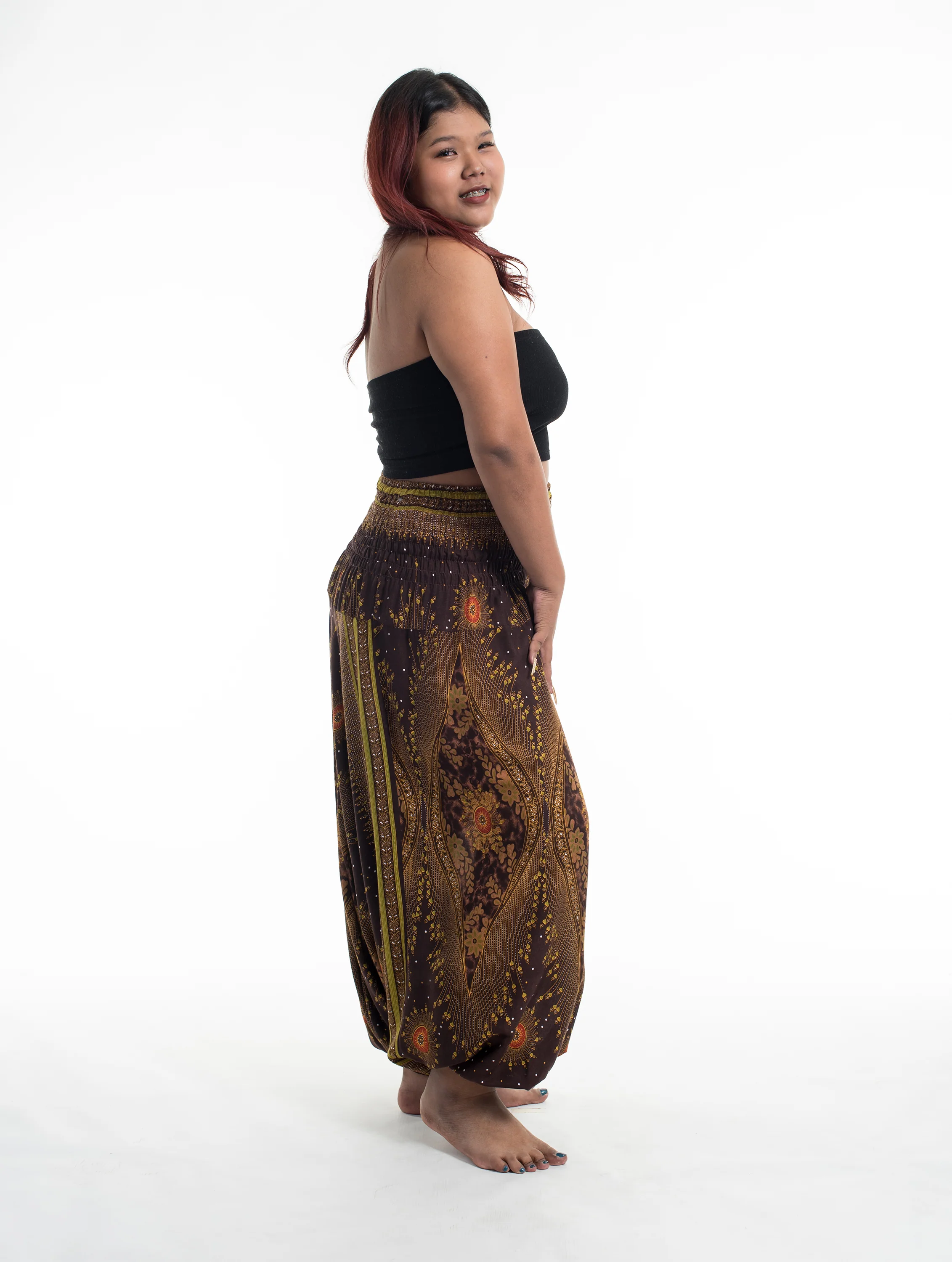 Plus Size Peacock Eyes 2-in-1 Jumpsuit Harem Pants in Brown - Image 3