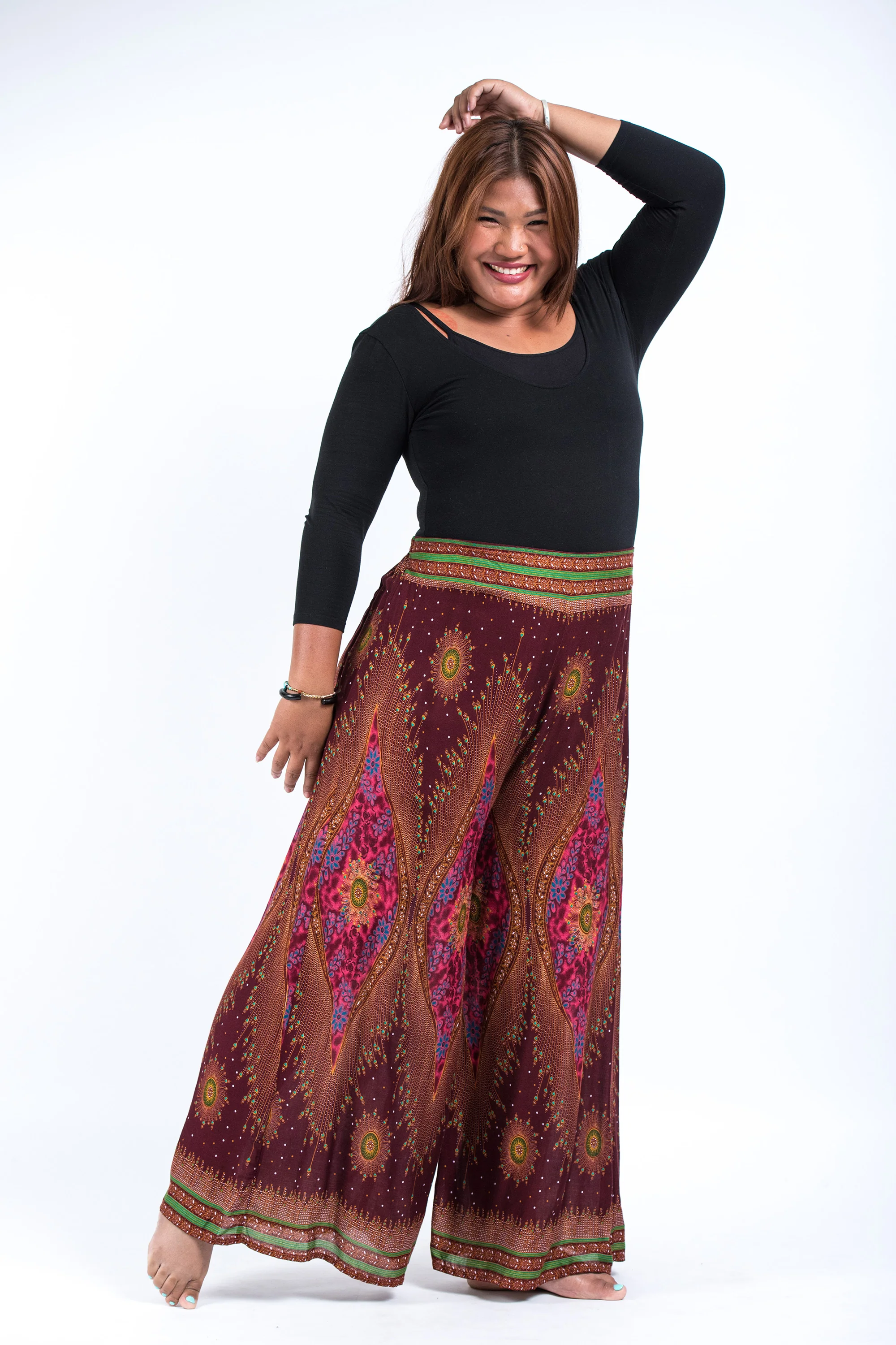 Plus Size Peacock Eyes Palazzo Style Harem Pants in Maroon - Image 2
