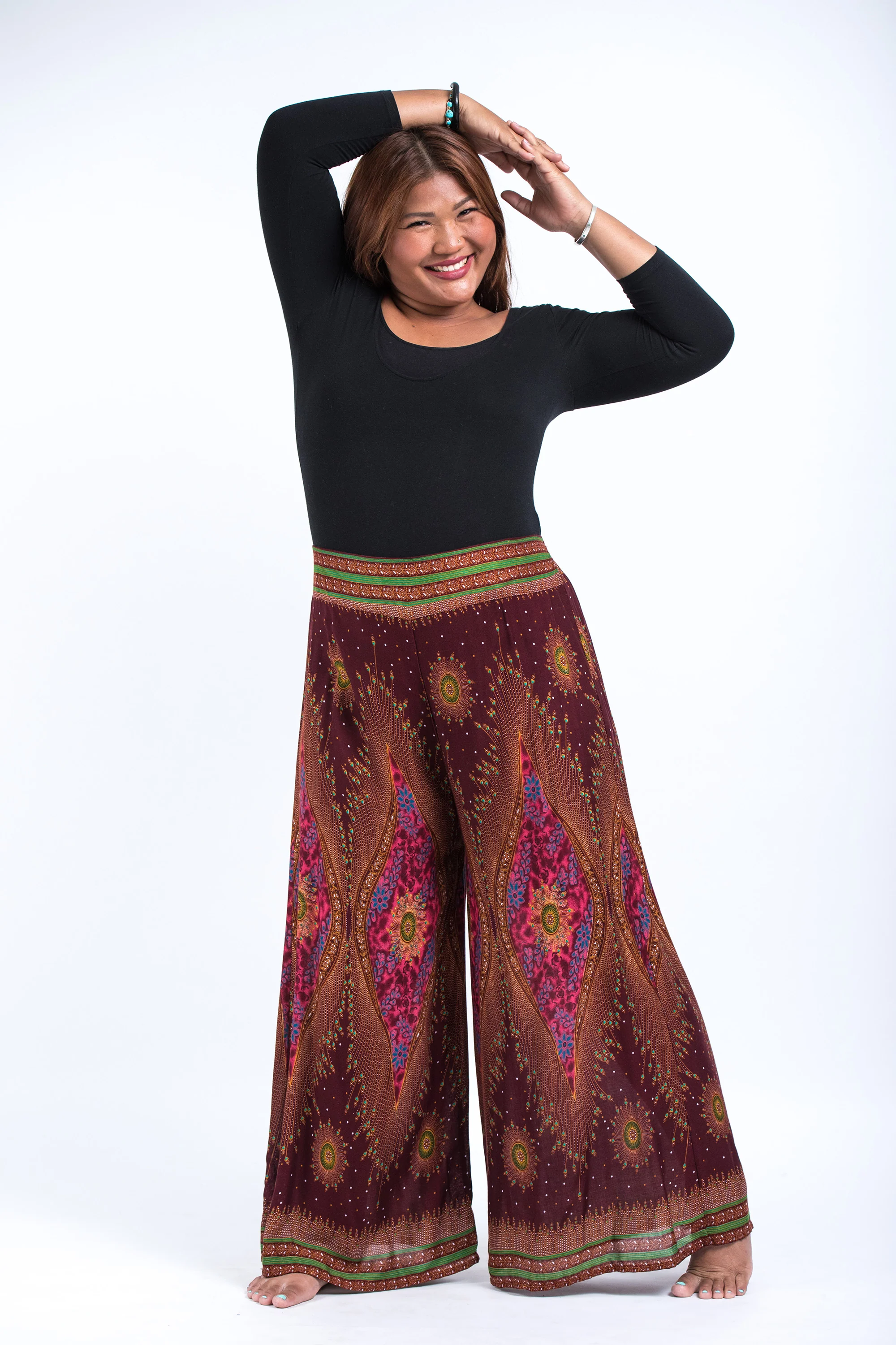 Plus Size Peacock Eyes Palazzo Style Harem Pants in Maroon - Image 3