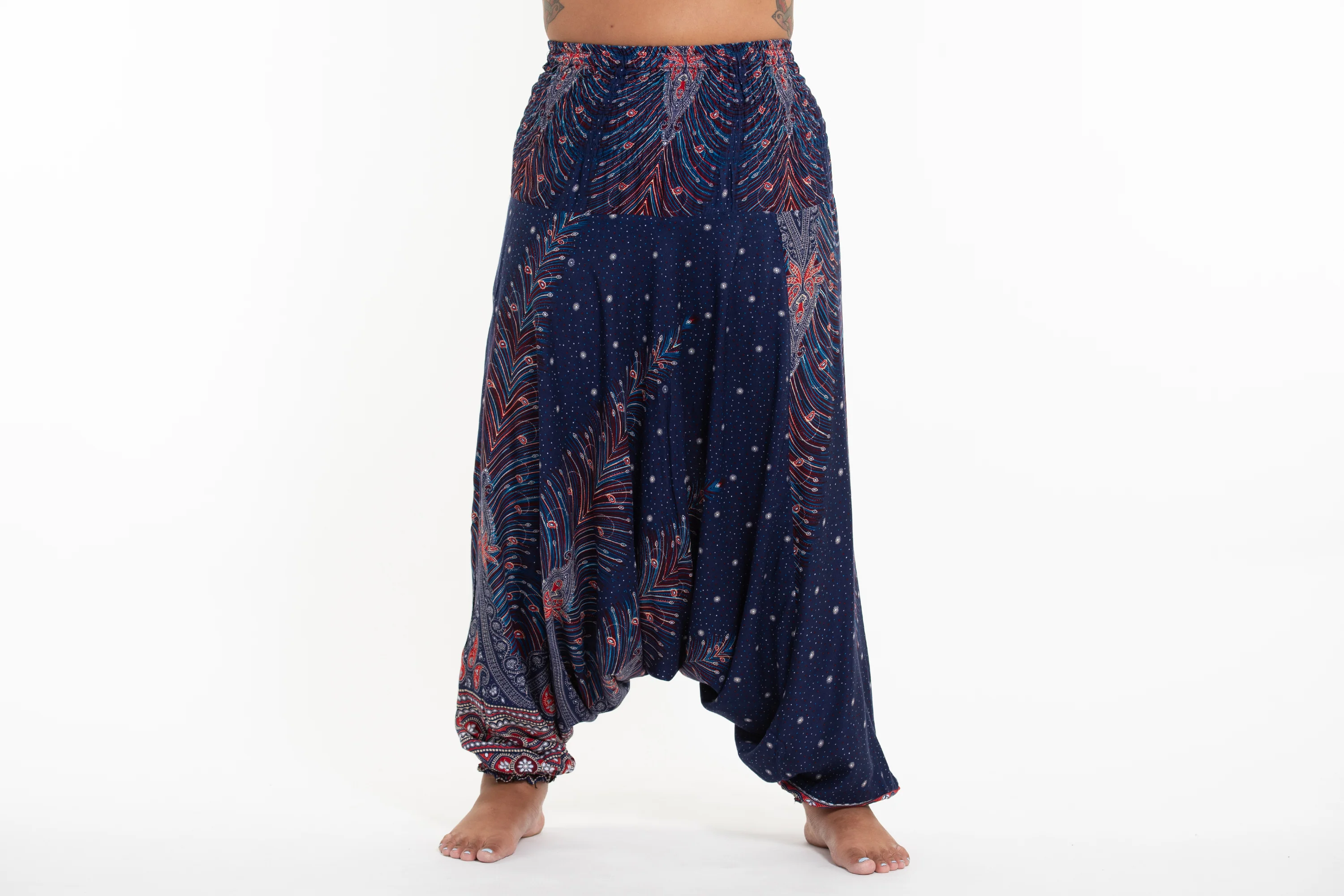 Plus Size Peacock Feathers 2-in-1 Jumpsuit Harem Pants in Blue - Image 2