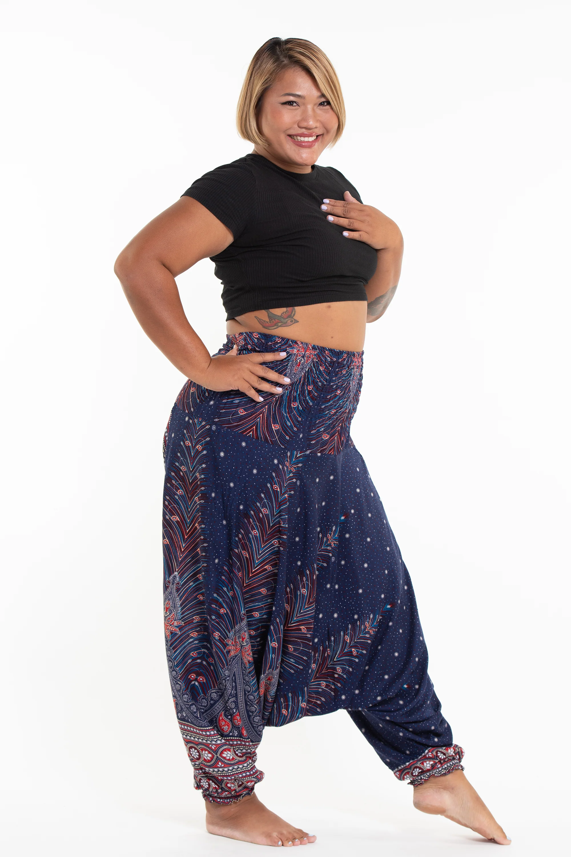 Plus Size Peacock Feathers 2-in-1 Jumpsuit Harem Pants in Blue - Image 3