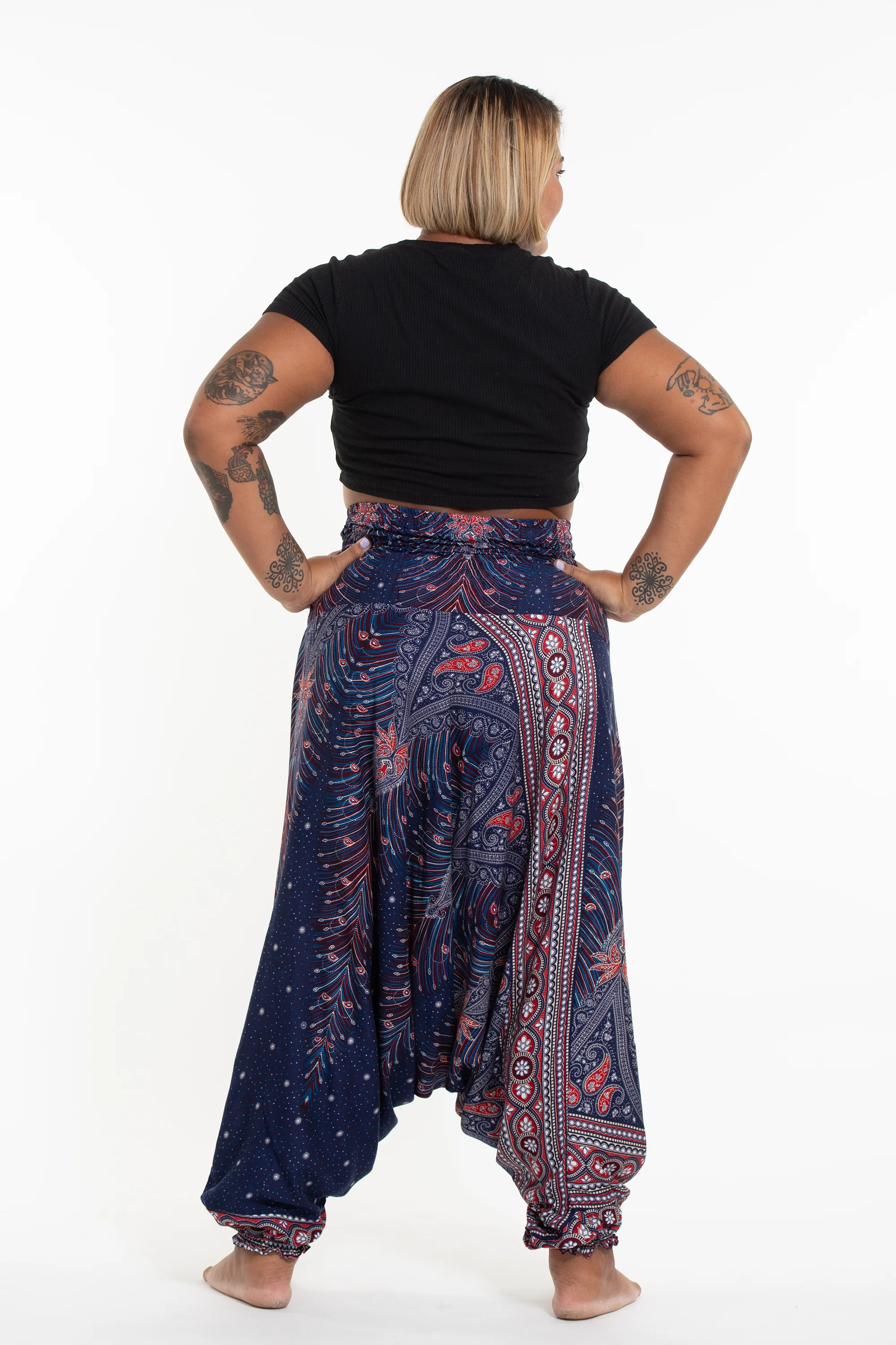 Plus Size Peacock Feathers 2-in-1 Jumpsuit Harem Pants in Blue - Image 4