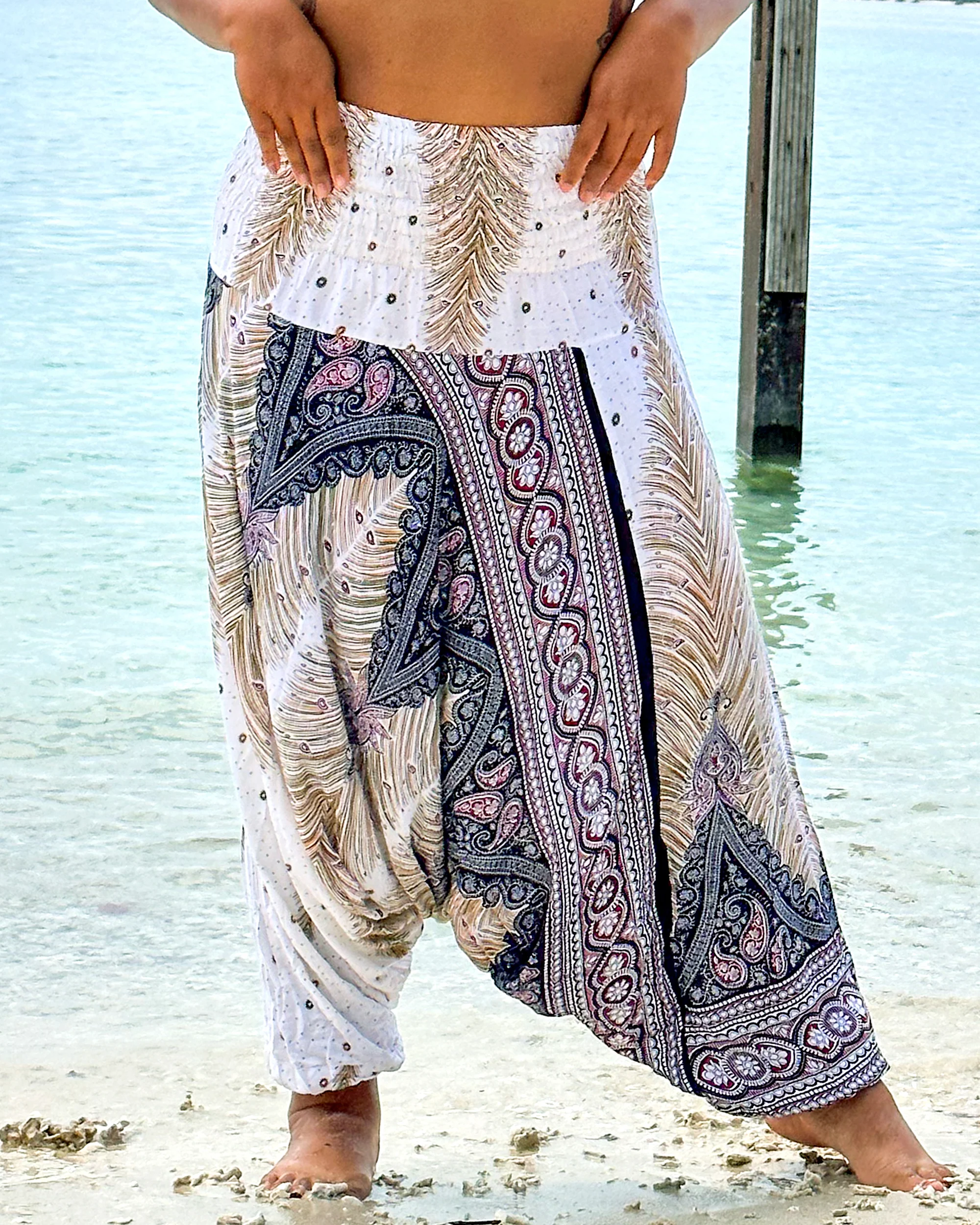 Plus Size Peacock Feathers 2-in-1 Jumpsuit Harem Pants in White - Image 2