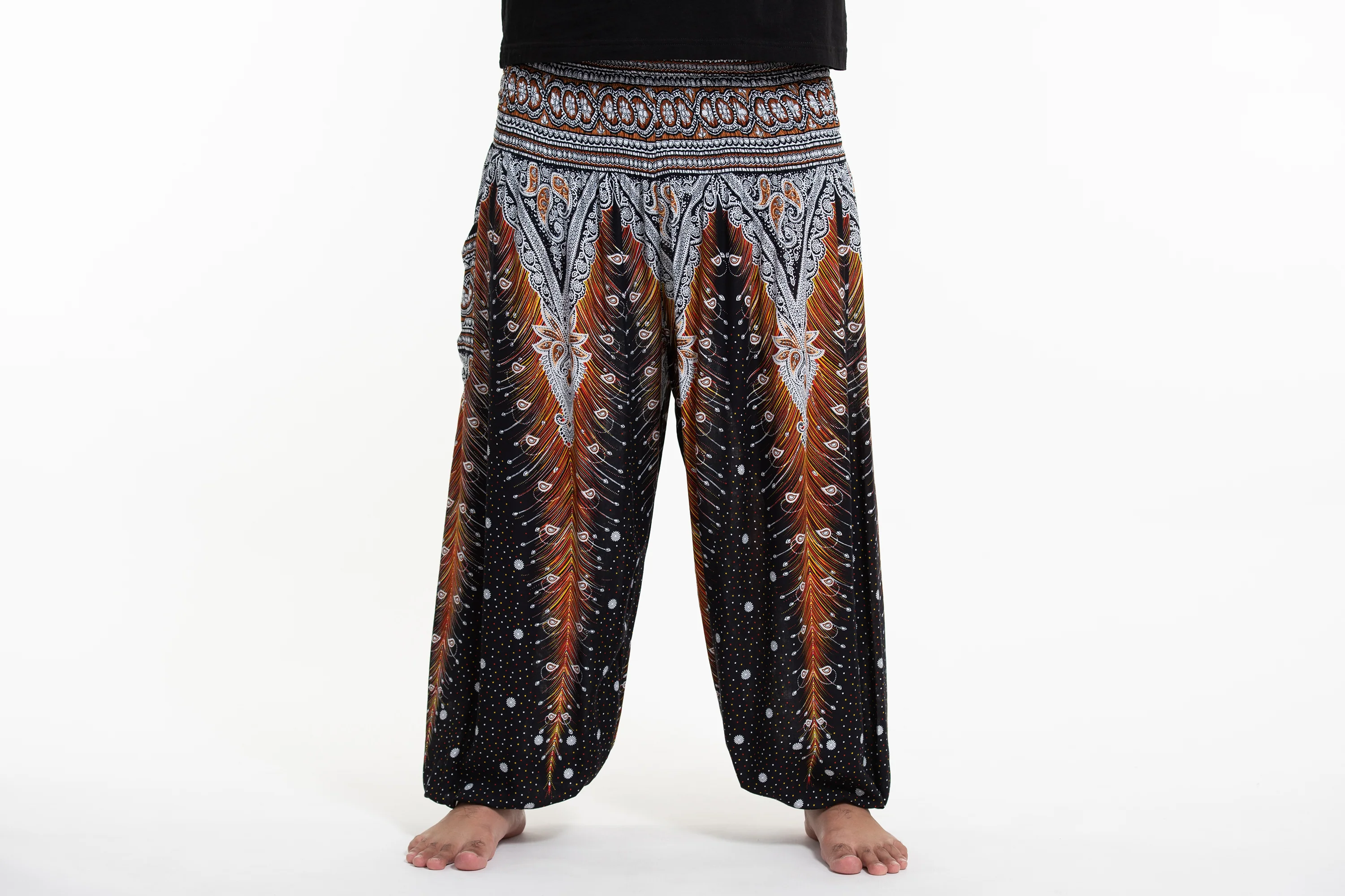 Plus Size Peacock Feathers Men's Harem Pants in Black - Image 2