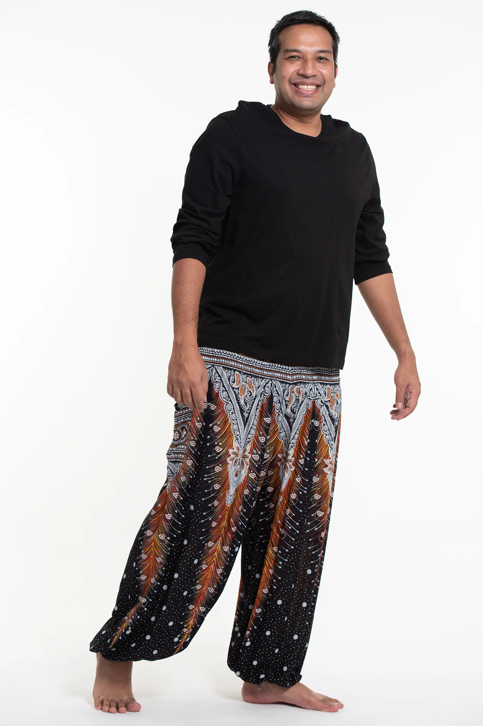 Plus Size Peacock Feathers Men's Harem Pants in Black - Image 3