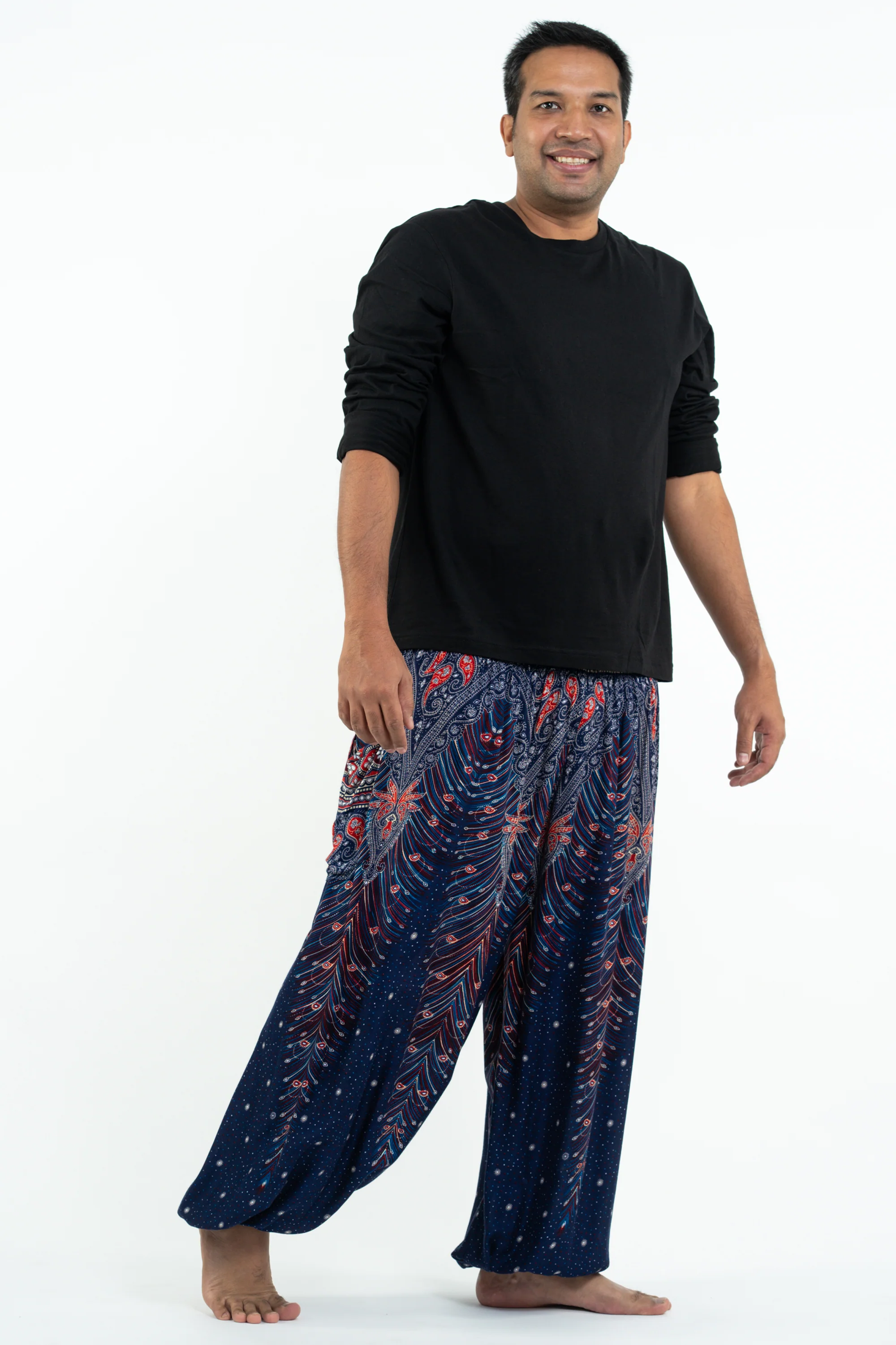 Plus Size Peacock Feathers Men's Harem Pants in Blue - Image 3