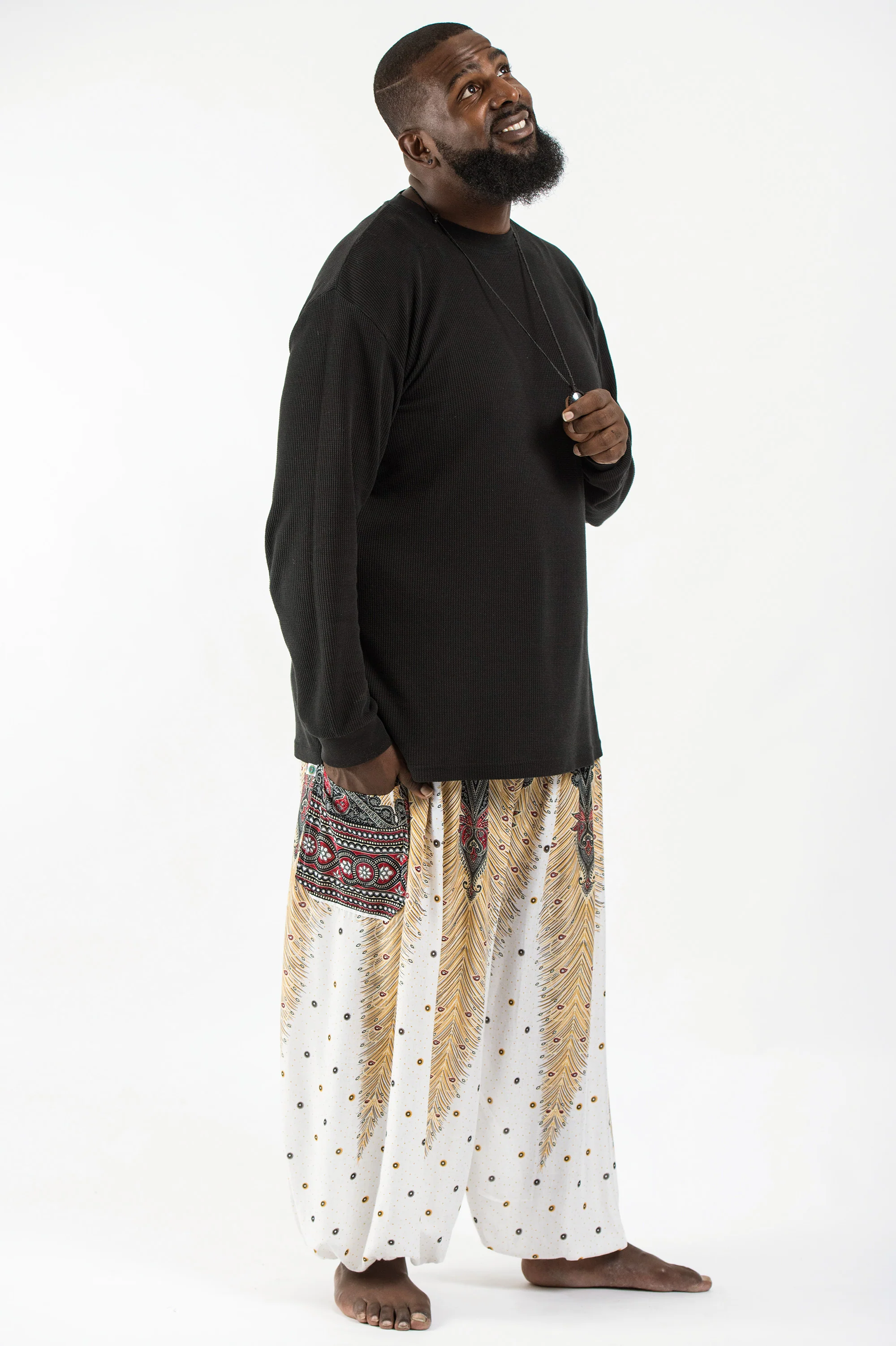 Plus Size Peacock Feathers Men's Harem Pants in White - Image 3
