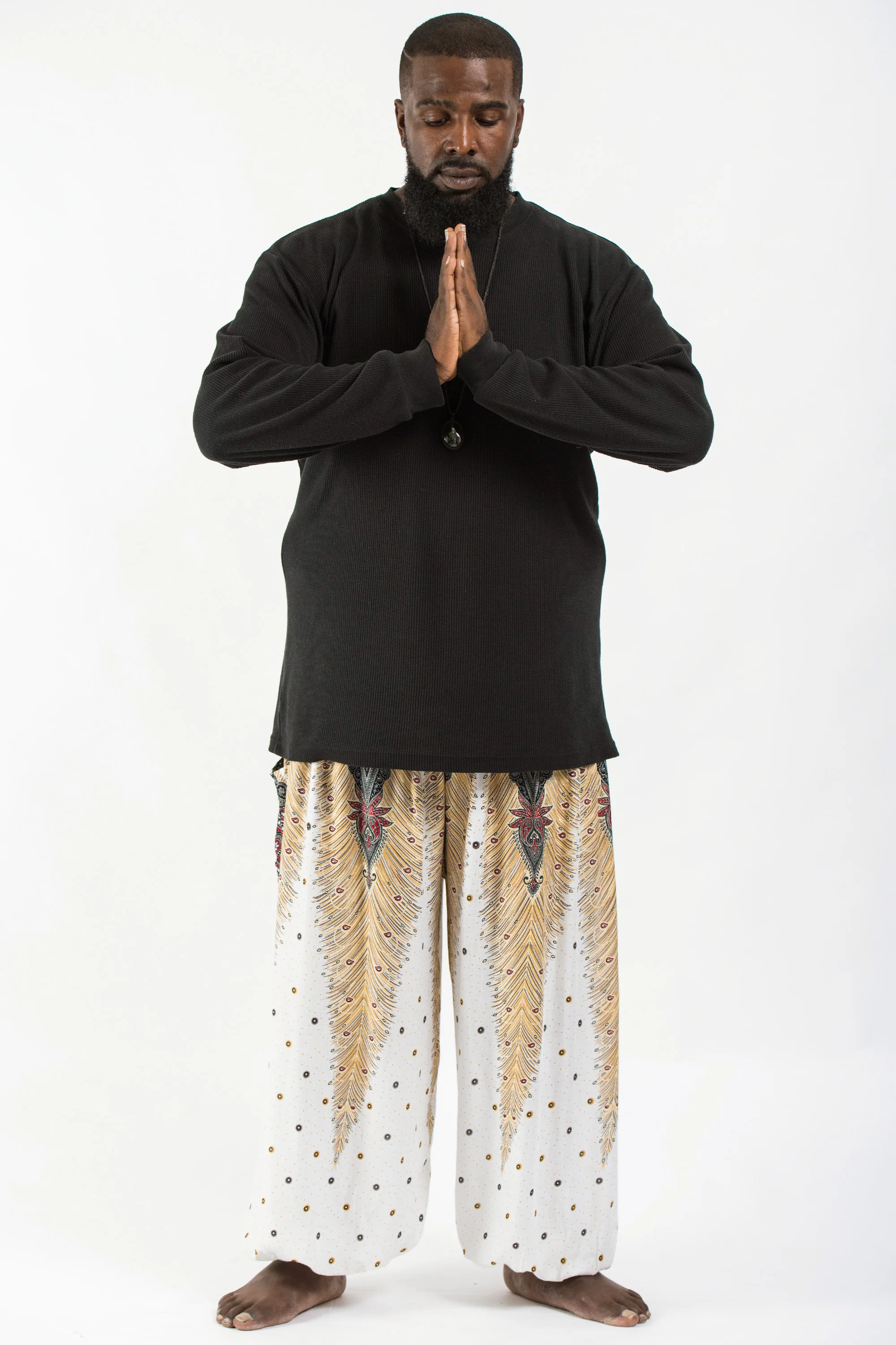 Plus Size Peacock Feathers Men's Harem Pants in White - Image 4