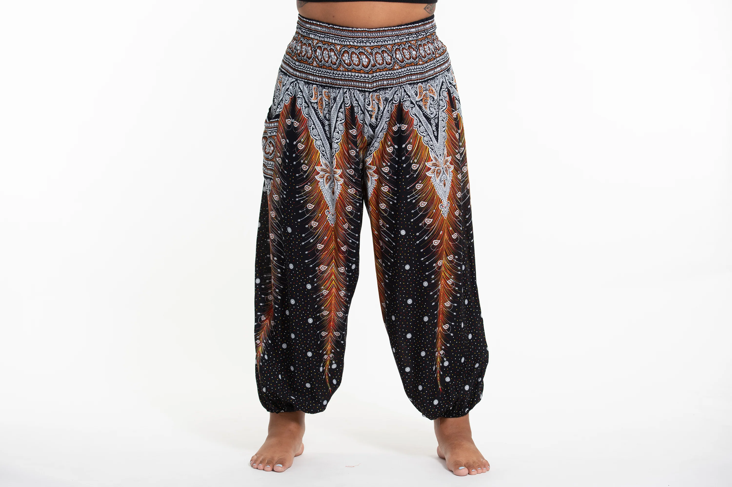 Plus Size Peacock Feathers Women's Harem Pants in Black - Image 2