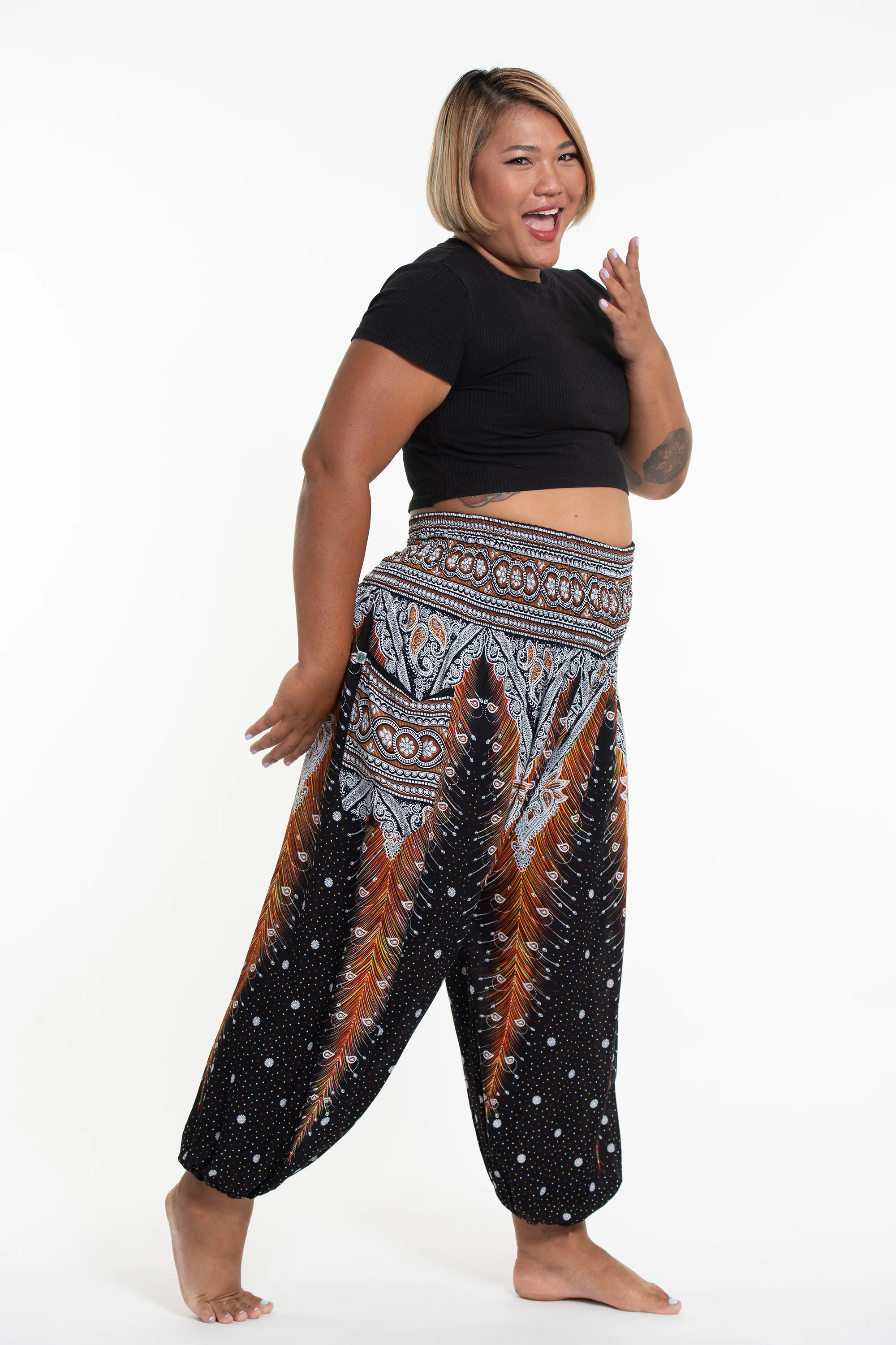 Plus Size Peacock Feathers Women's Harem Pants in Black - Image 3
