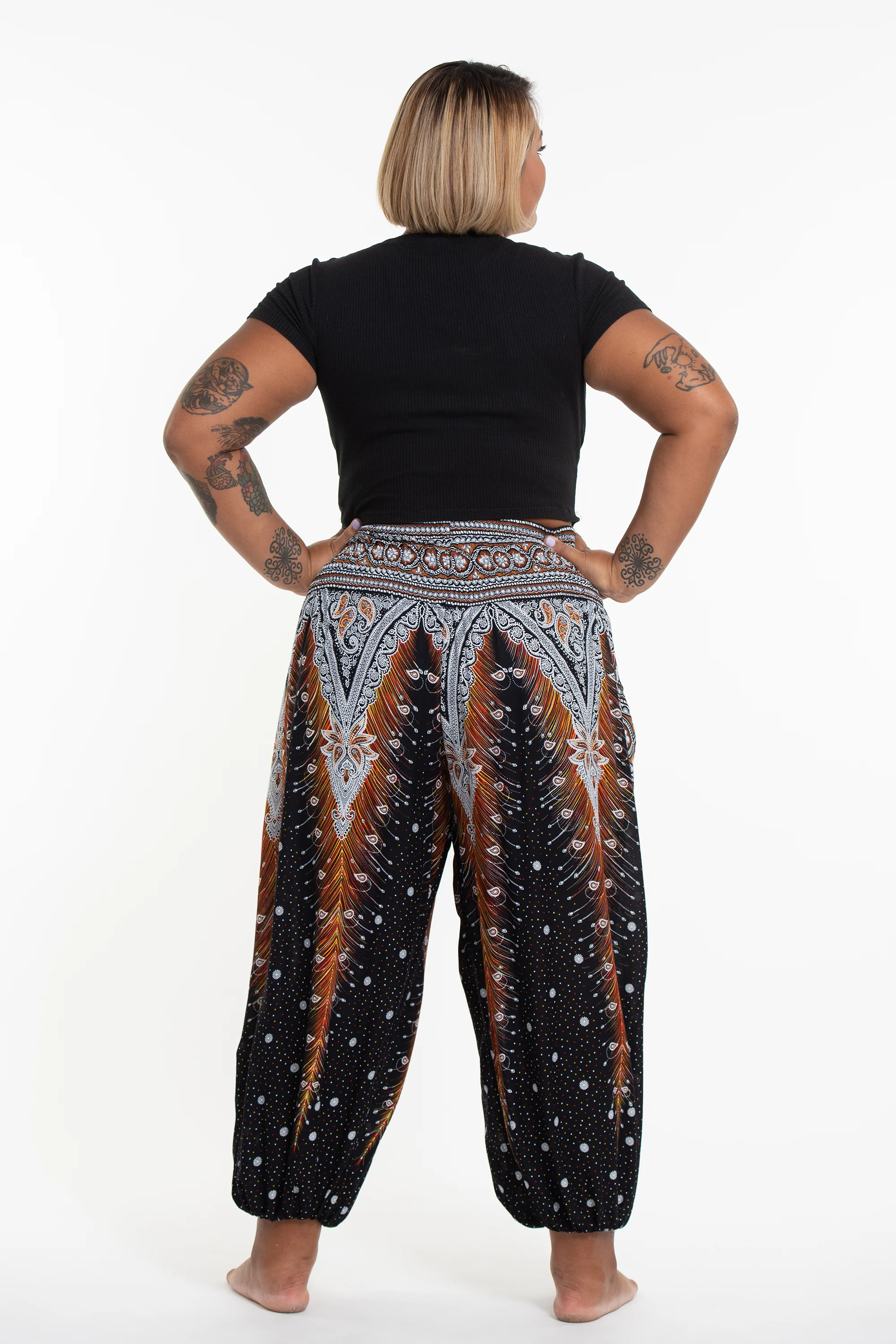 Plus Size Peacock Feathers Women's Harem Pants in Black - Image 4