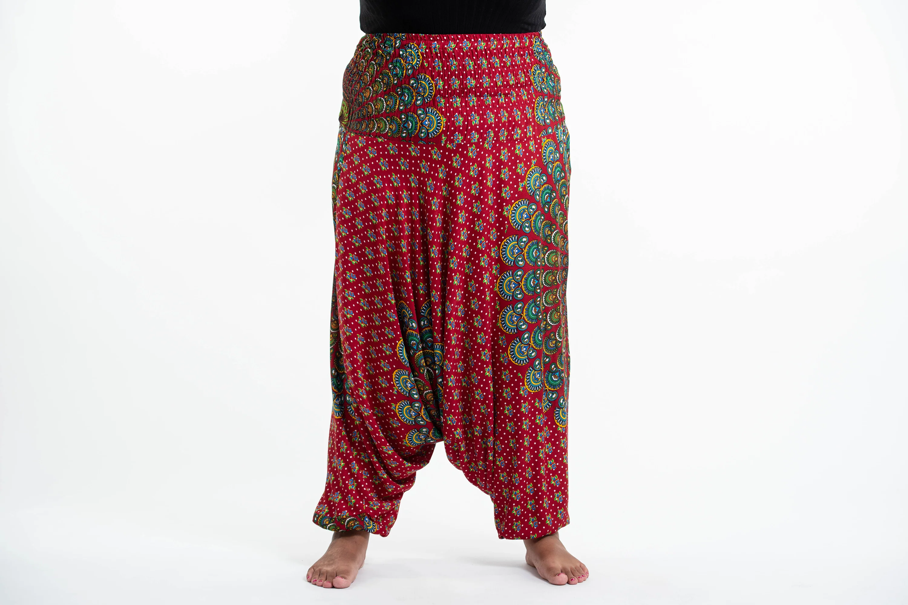 Plus Size Peacock Mandalas 2-in-1 Jumpsuit Harem Pants in Red - Image 2