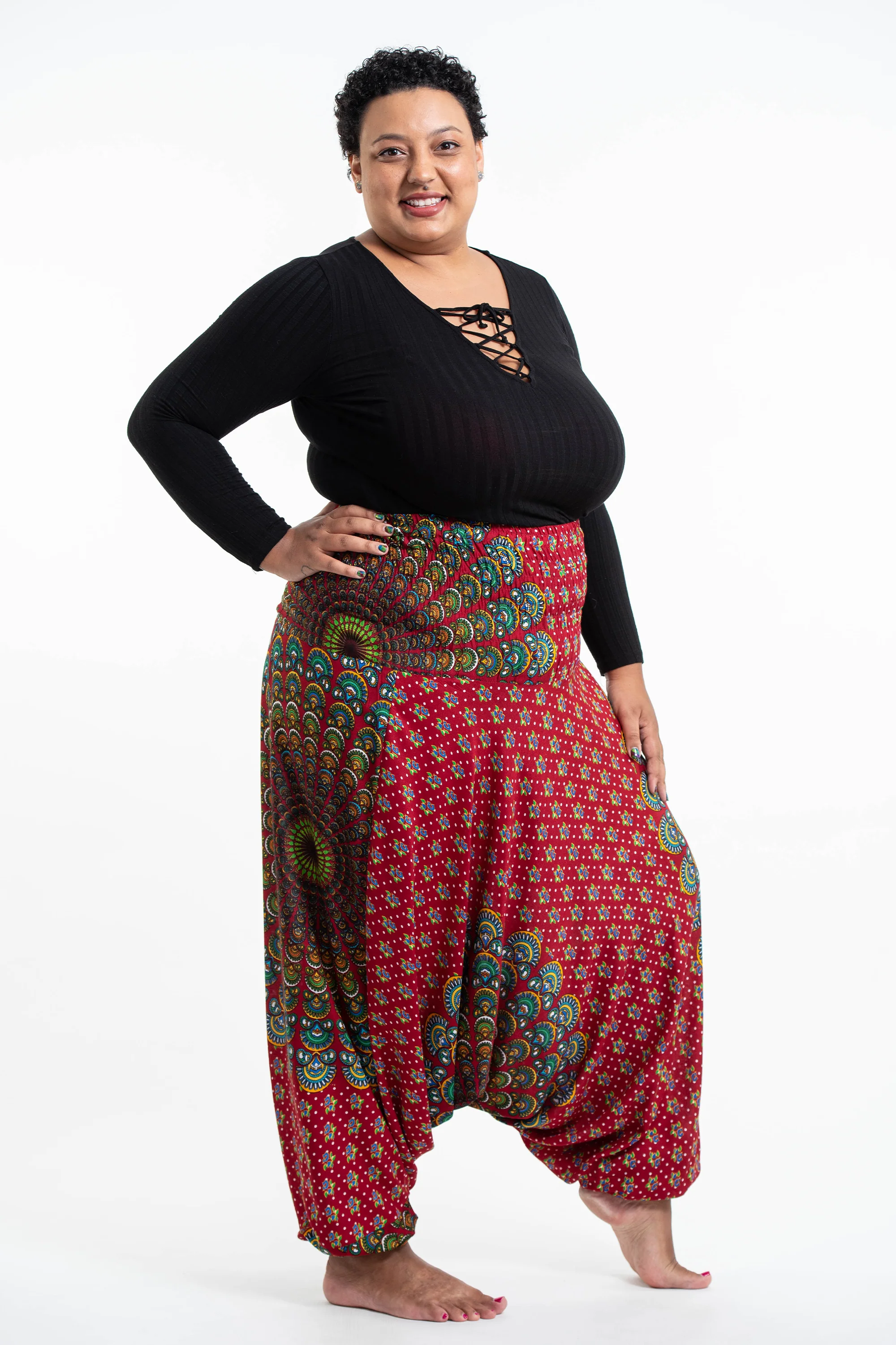 Plus Size Peacock Mandalas 2-in-1 Jumpsuit Harem Pants in Red - Image 3