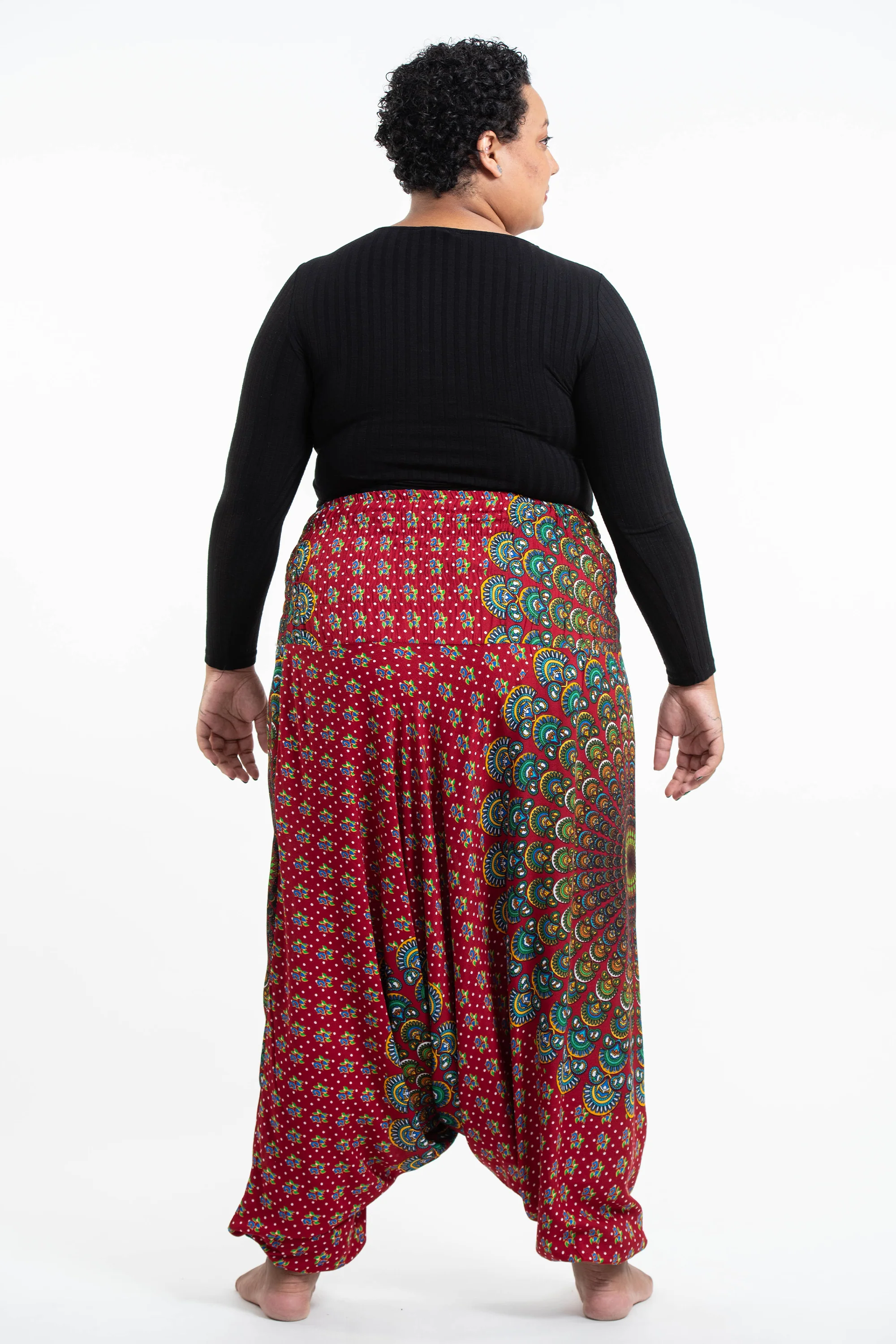 Plus Size Peacock Mandalas 2-in-1 Jumpsuit Harem Pants in Red - Image 4